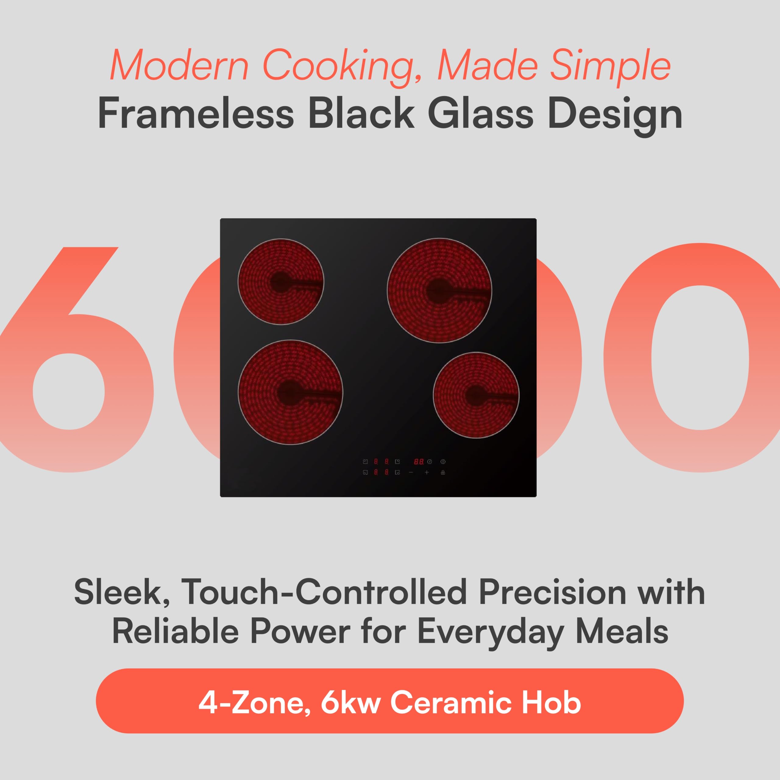 Cookology CET601 60cm Ceramic Hob - 4 Zone 6000W Electric Hob - Touch Control Panel - 9 Power Levels - Residual Heat Indicators & Child Lock — view 2