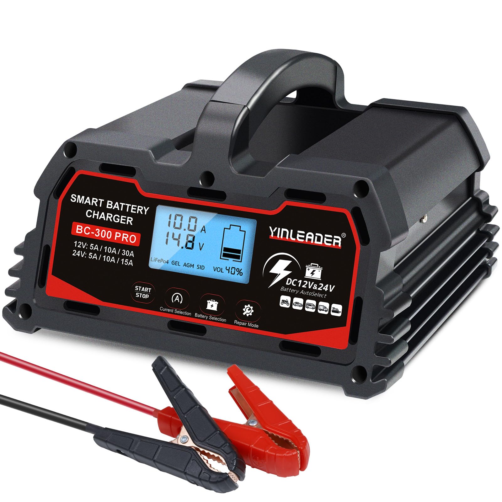 Cargador de batería inteligente 30 A, 12 V/24 V de plomo-ácido, cargador de batería de coche LiFePO4 12 V, sostenedor automático de batería para coche, motocicleta, cortacésped, barco