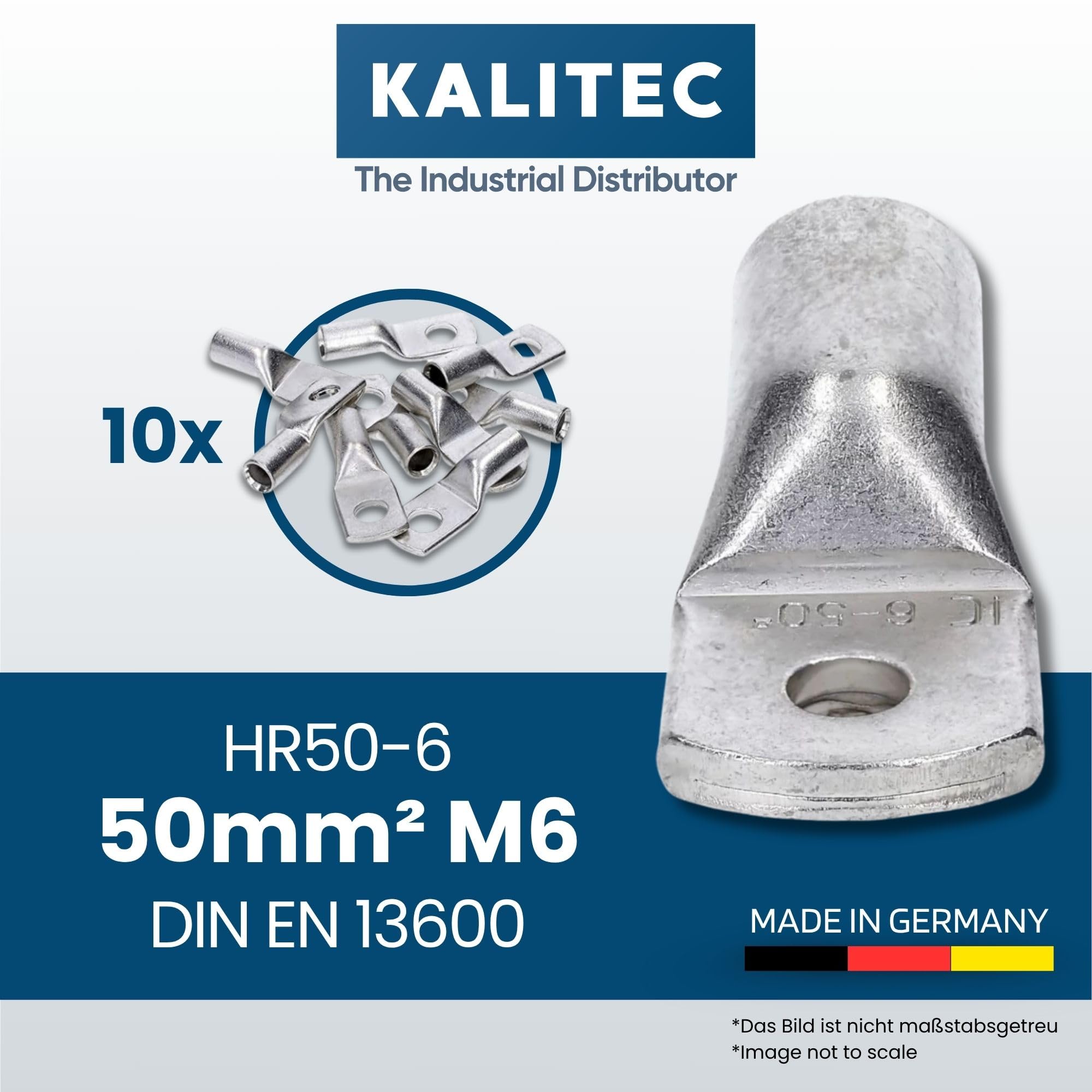 Kalitec 10x Cosse Tubulaire 50 mm² M6, Connecteur de Câble en Cuivre étamé | Bornes à sertir certifiées UL pour installations électriques, auto et solaire, haute conductivité sans trou de vision.