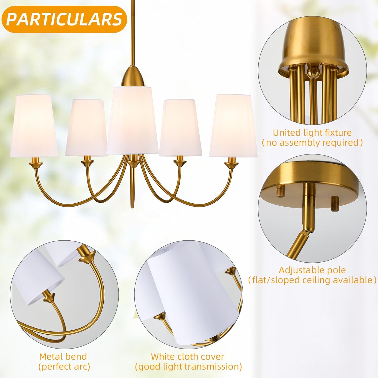 Gold Chandelier,5-Light Vintage Farmhouse Dining Room Light Fixture with White Fabric Shade,30" Modern Industral Chandelier for Bedroom Foyer Hall Porch Living Room Kitchen entryway Staircase