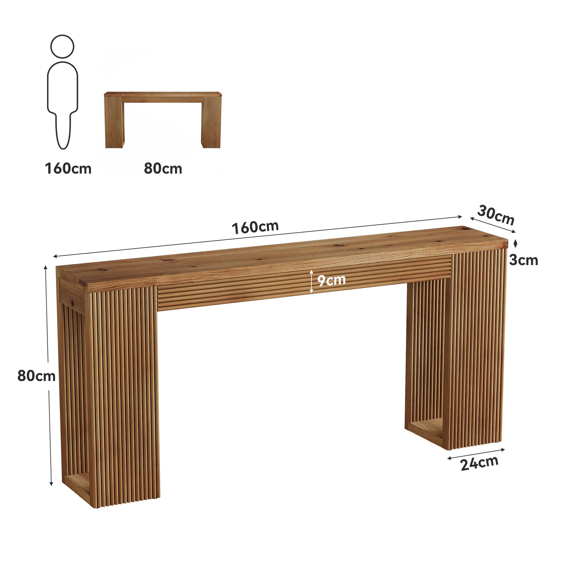 Konsolentisch aus Massivholz, 160 cm Langer Flurtisch im Landhausstil mit geriffelten Beinen, rustikale schmale Sofatische hinter dem Sofa für Wohnzimmer, Flur, Eingangsbereich