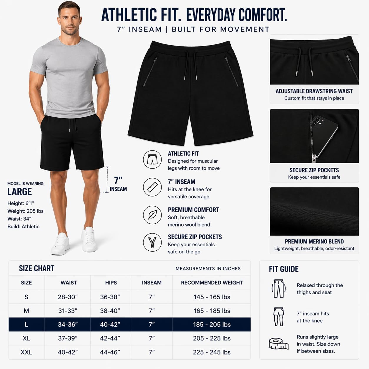 Men's 100% Merino Wool Training Shorts | 7" Inseam | Odor-Resistant, Breathable | Athletic Shorts