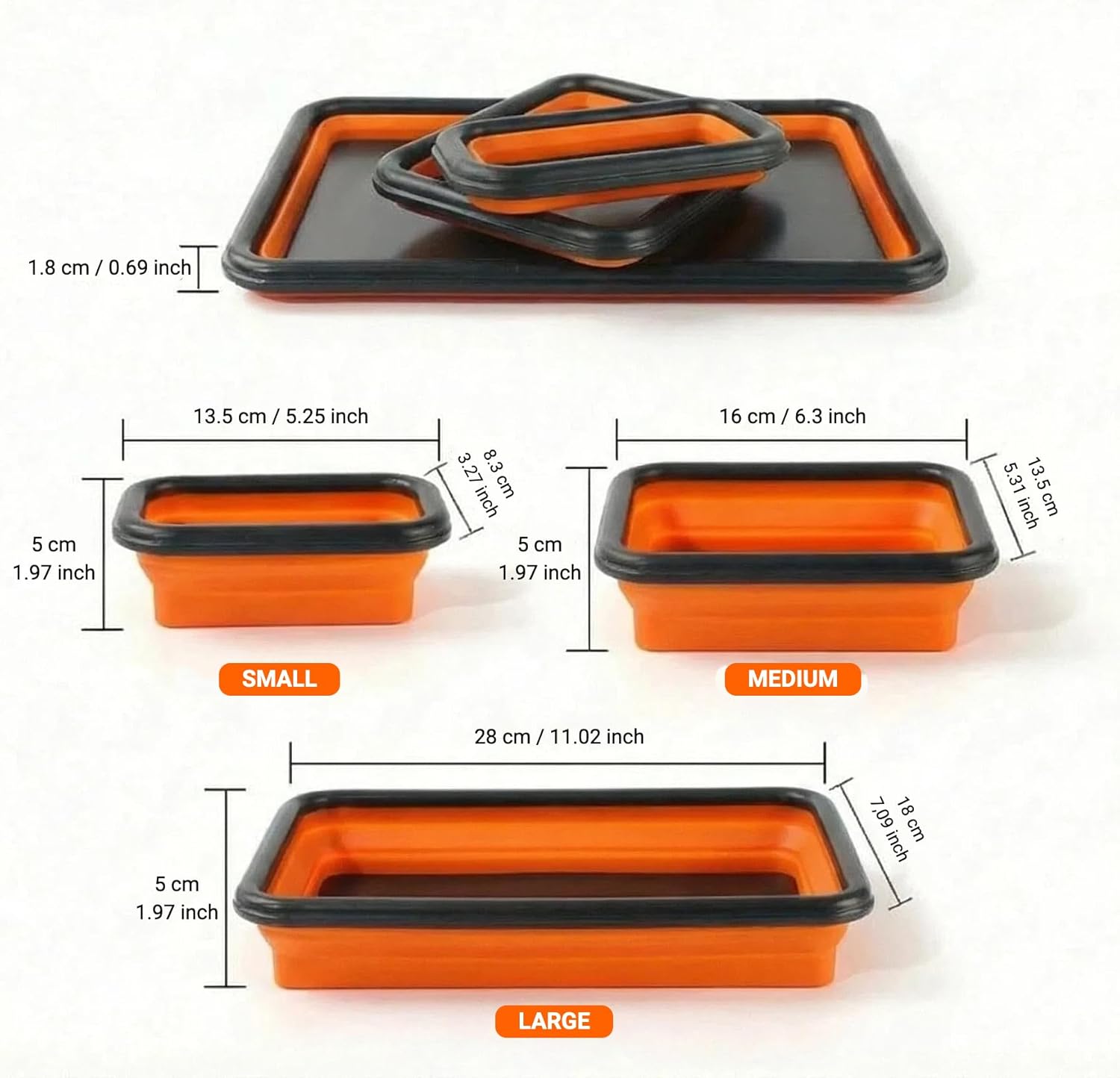 Collapsible Magnetic Parts Tray Set of 3 Different Size, Red Foldable Silicone Tool Trays for Screws, Bolts, Nuts and Other Small Metal Parts (Orange)
