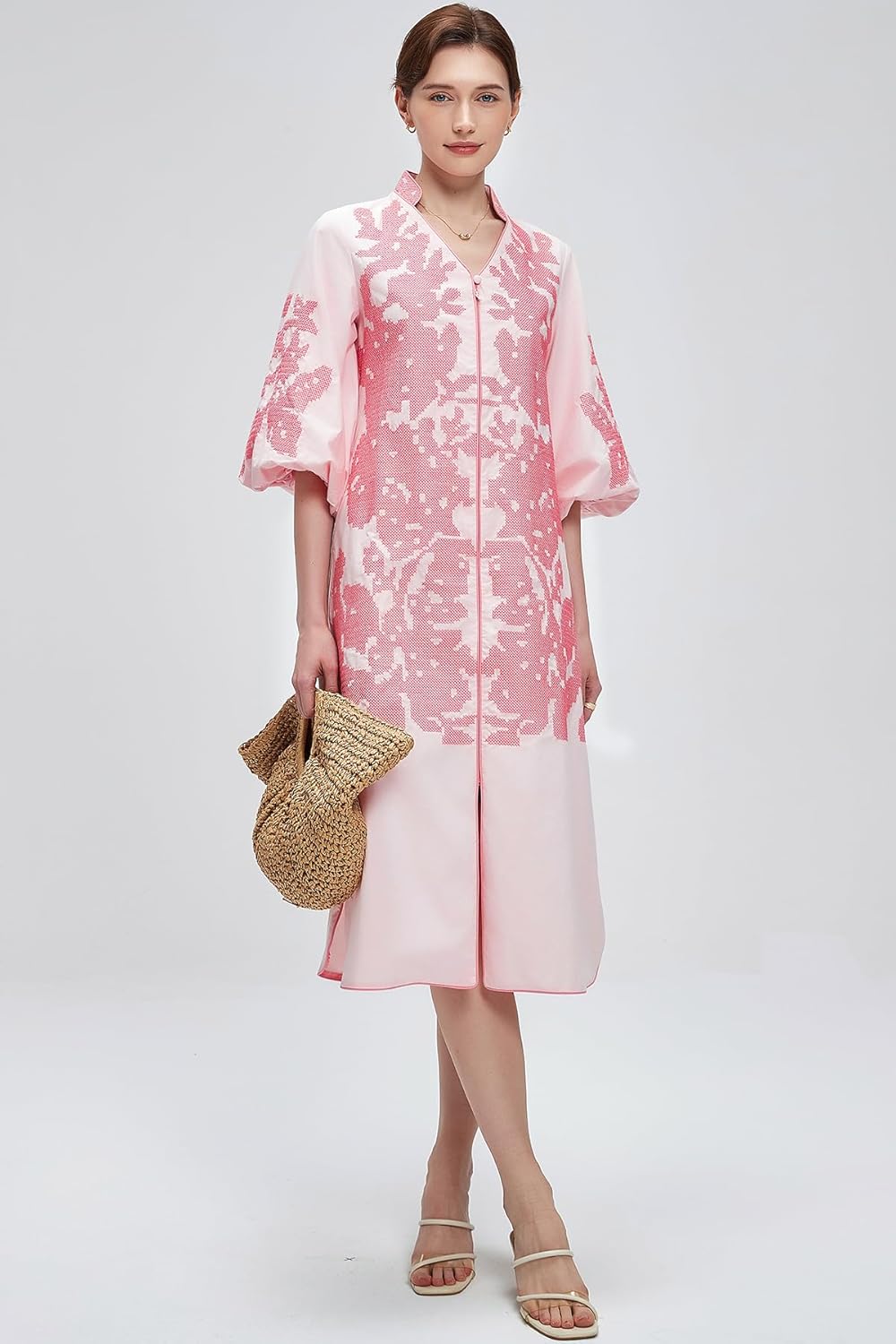 D-Sun Women Floral Embroidery Mid Dress Casual V-Neck 3/4 Sleeves Fall Winter Tunic Loose Zip Party Dress with Pocket - Image 7