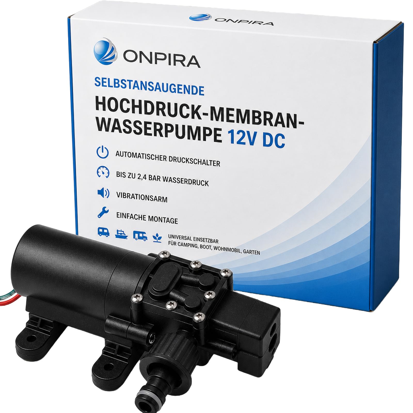 Wasserpumpe 12V (Hochdruckmembran) mit Gartenschlauch Anschluss selbstansaugende Pumpe für Wohnwagen, Boot, Wohnmobil, Garten