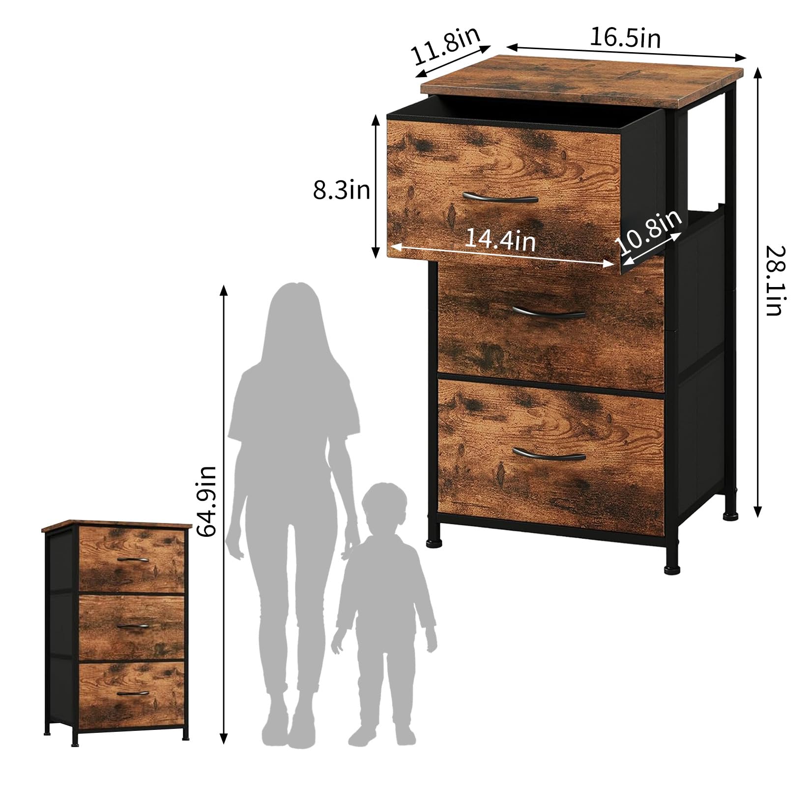 Commode étroite 3 tiroirs en Tissu Amovibles, Meuble de Rangement Gain de Place Style Grain de Bois - Cadre en métal - Pieds réglables - Montage Facile - Rétro + Noir