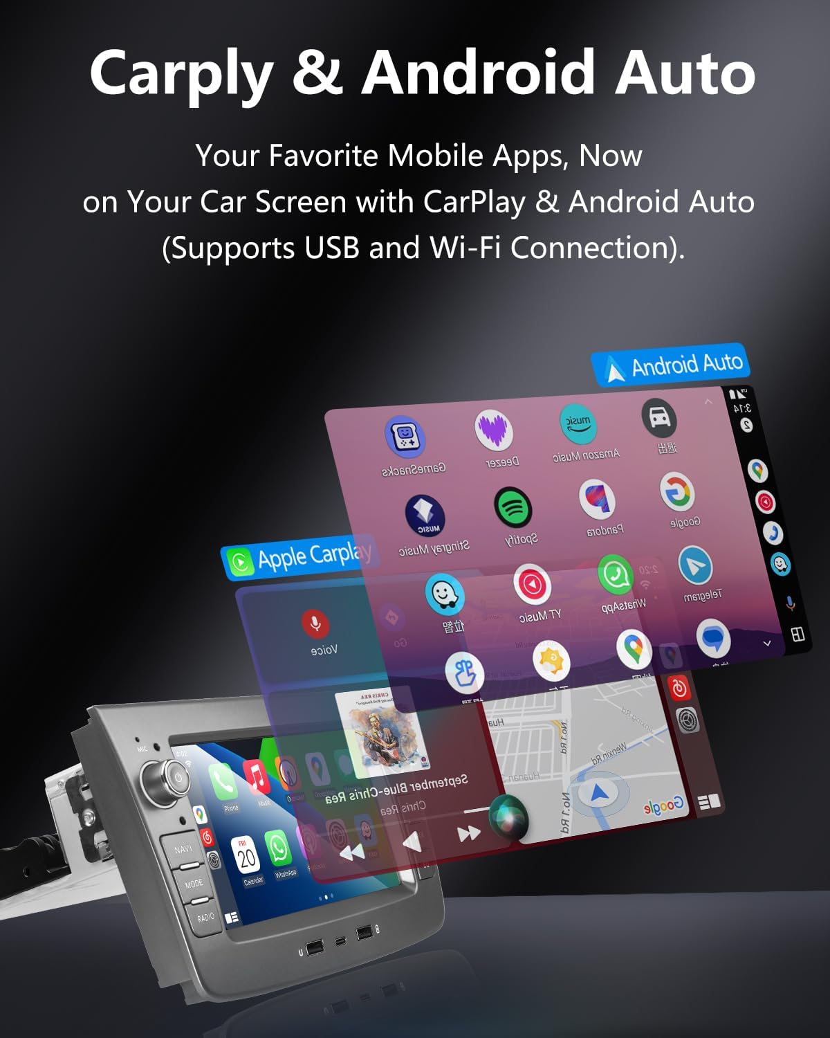Screenshot of Apple CarPlay and Android Auto interfaces displayed on the car radio screen.
