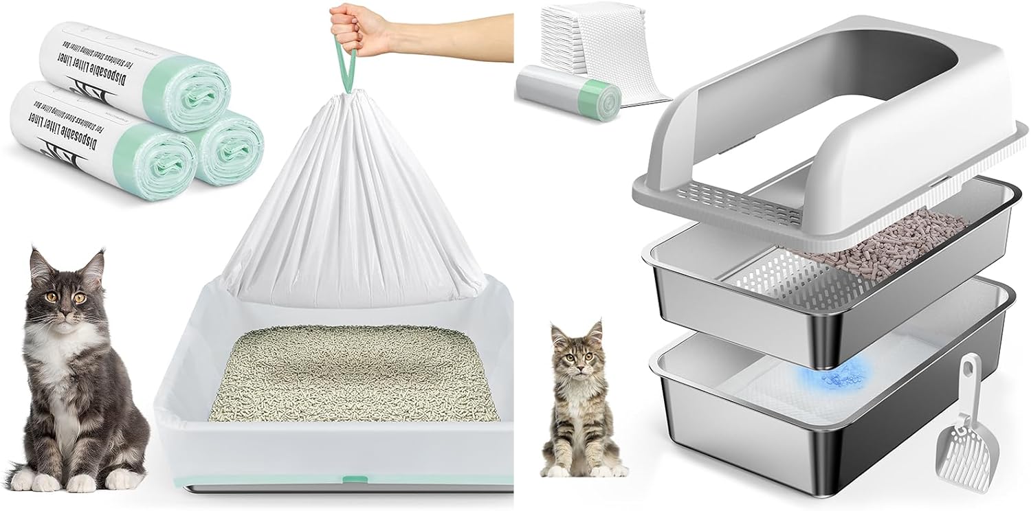 19.6''x13.7''x12'' Stainless Steel Litter Box with Lid & 33" x 17.7" Litter Box Liners, Sifting Cat Litter Box for Pine Pellets, 30 Pack Drawstring Cat Litter Bags, Sifting System Easy Cleanup