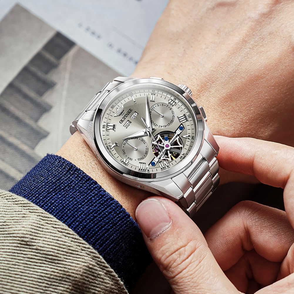 OUPINKE Men Skeleton Watch Automatic Mechanical Luxury Dress Waterproof Tourbillion Sapphire Crystal Wrist Watches for Men