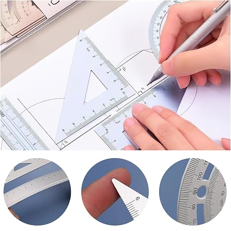 4PCS Math Ruler Geometry Tool Set, Metal Aluminum Alloy Rulers Lightweight Includes Straight Rulers, Triangle Ruler, Protractor for Kids School tooles, Student Math Supplies