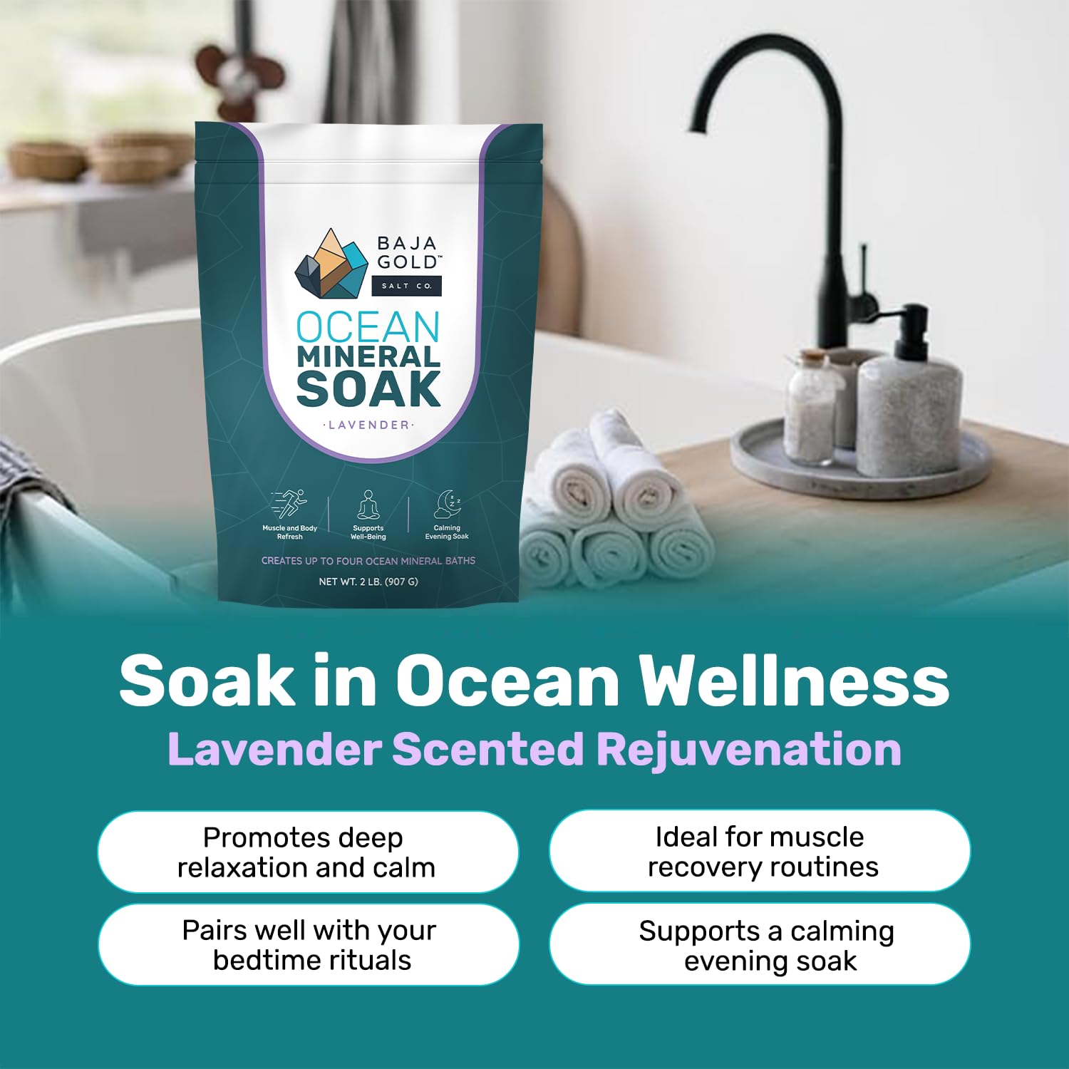 Baja Gold Ocean Mineral Soak, magnesio bagno ammollo, lavanda, sacco da 0,9 kg | Magnesio naturale e oligoelementi oceanici per bagno e relax, vegano, ingredienti puliti, opzioni multiple di profumo