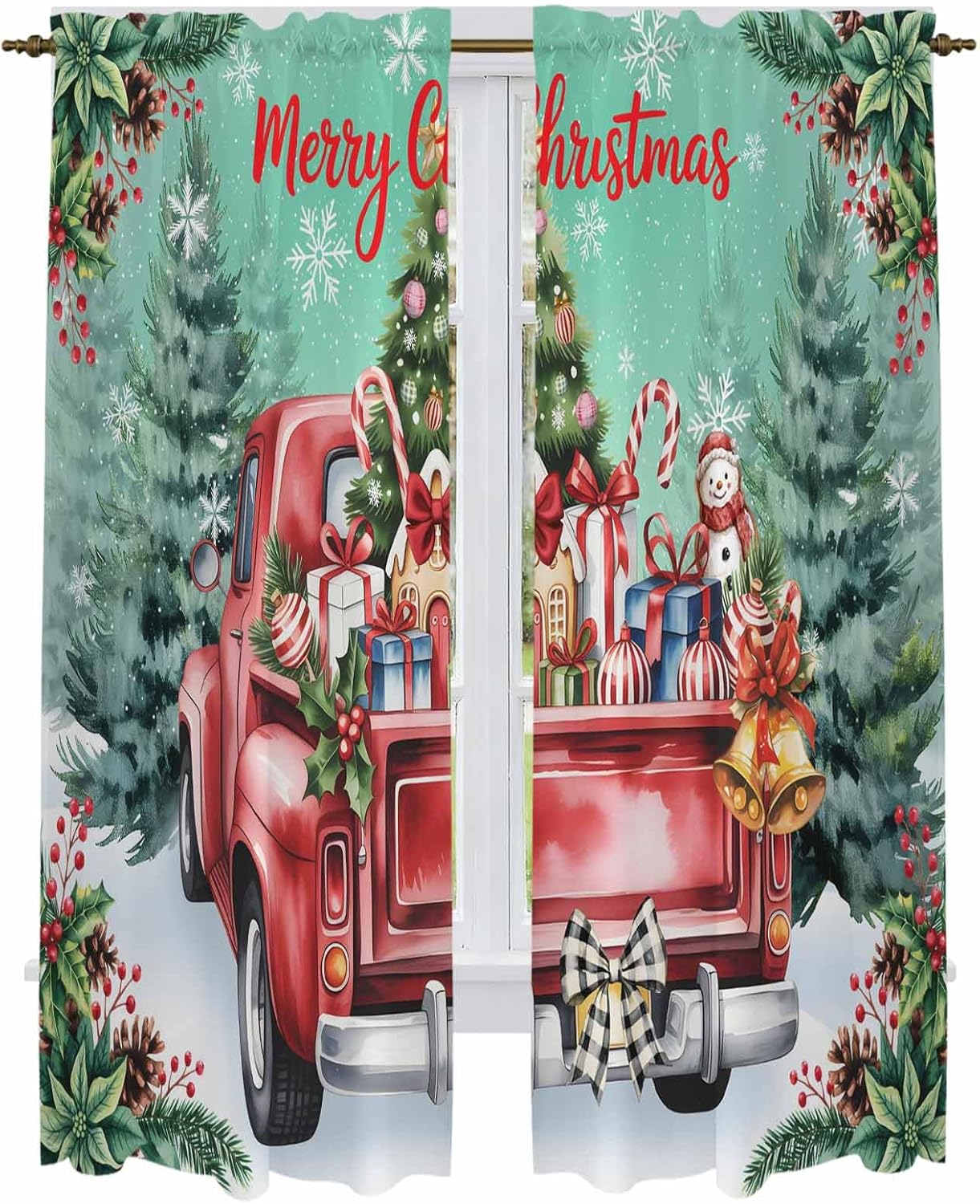 Christmas Window Curtains 72 Inch Long 2 Panel Set, Rod Pocket Long Curtains & Drapes, Red Truck Xmas Winter Snowman Gifts Forest Light Filtering Window Treatment for Bedroom Living Room 52"W x 72"L