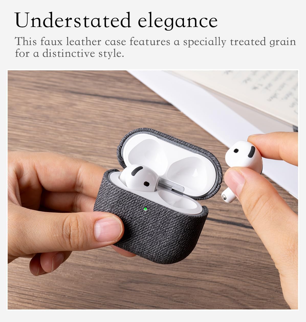for AirPods 4 Case Cover - Full Vegan Leather Wrap, No Plastic Seen or Felt | Woolen Fabric Finish Synthetic Leather | Scratch Proof Microfiber Lining | Hard Case for Air Pods 4 - Black