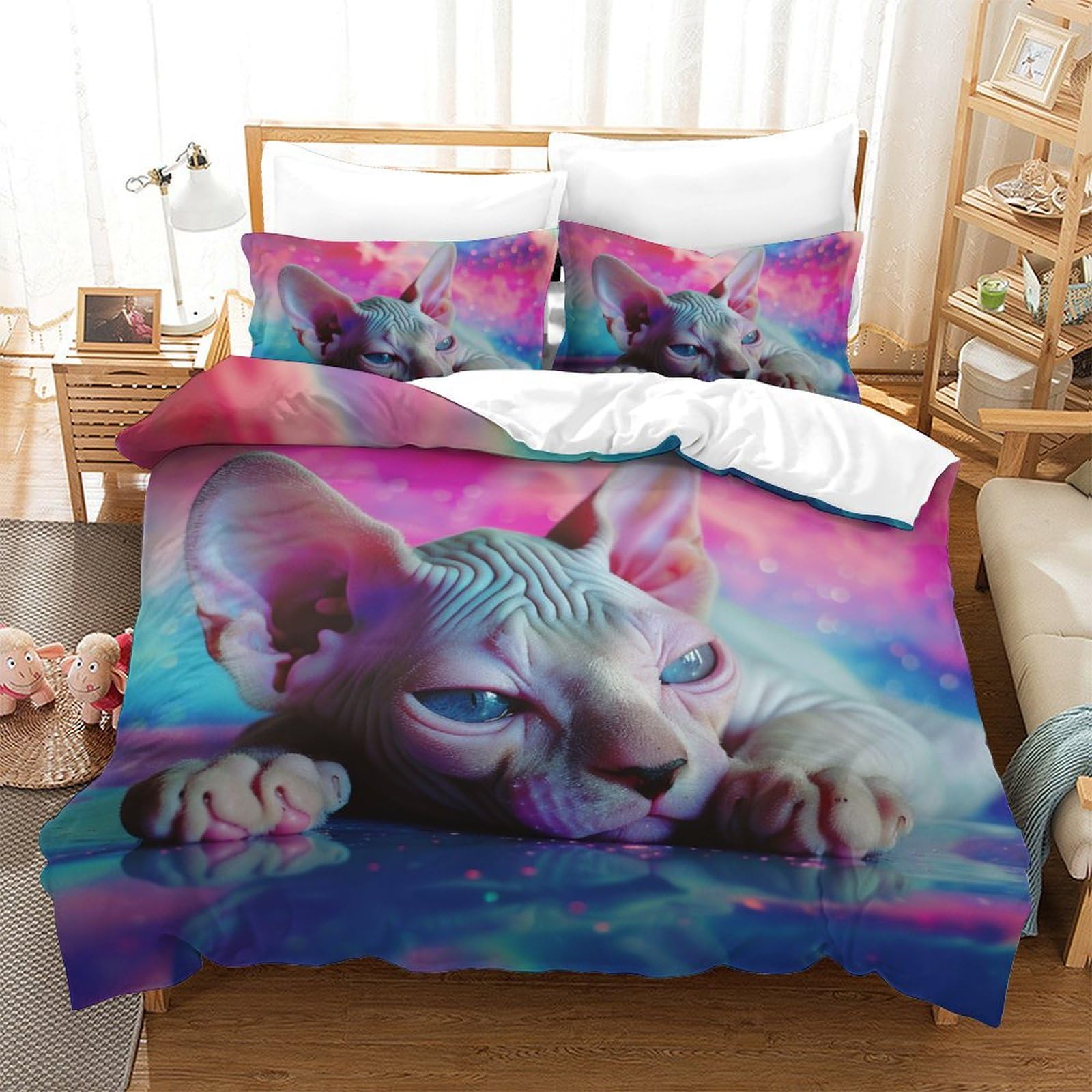 Parure de lit chat sans poil 3D 220x240 avec housse de couette microfibre et taies d'oreiller