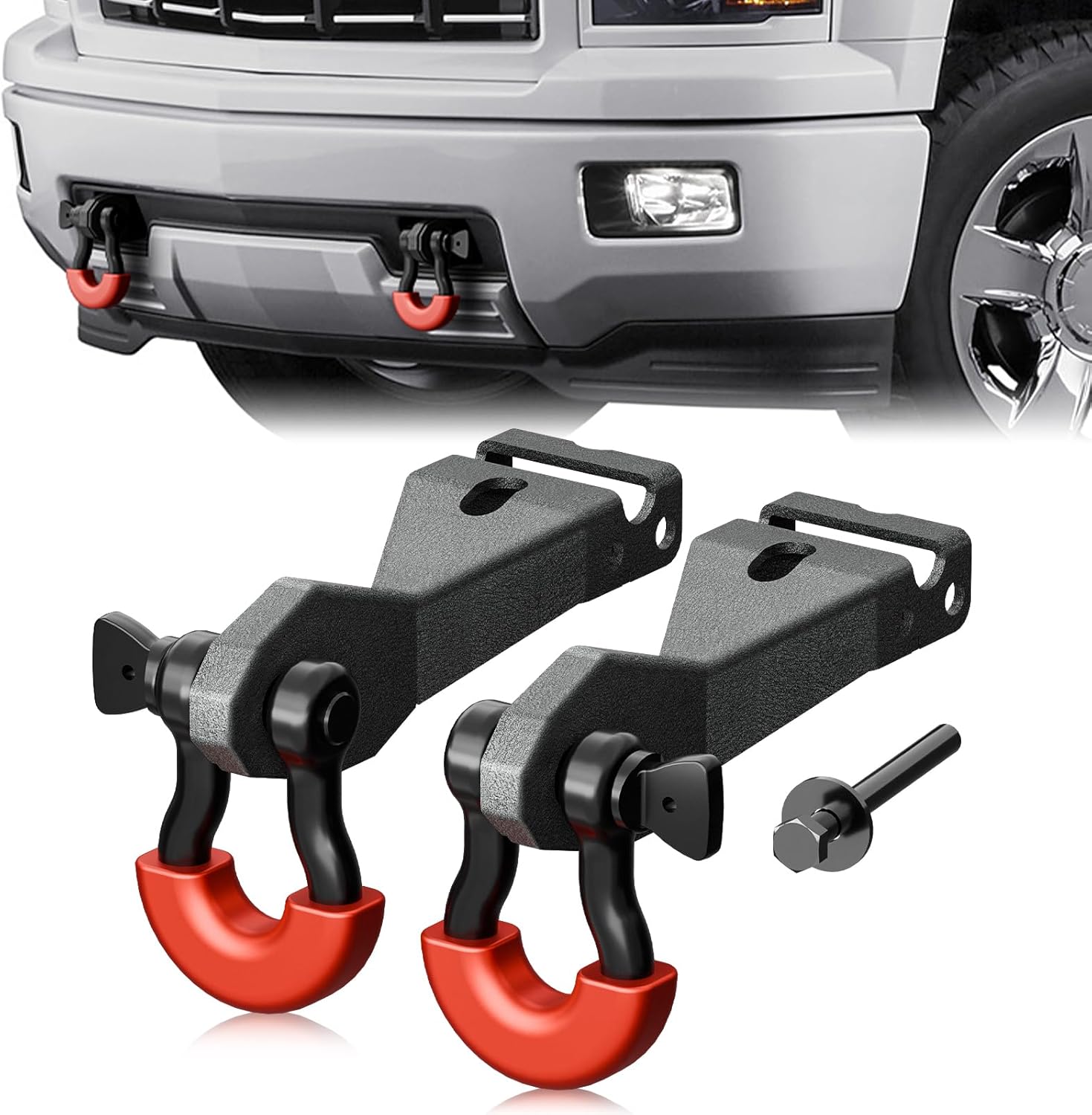 3/4" D-Ring Shackle Tow Hook Bracket: 2 Pack Front Tow Hook Mounting Bracket Fit for 2014 2015 2016 2017 2018 Chevy Silverado, with Mounting Hardware Kit for Off-Road Vehicle Recovery