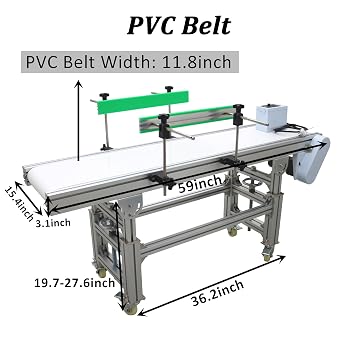 TECHTONGDA PVC Belt Flat Conveyor Belt 59In Length 11.8In Width 27.1-35Inch Height Aluminum Frame Adjustable Guardrails & Speed 13-65ft/min Load 66-88LB for Carton Plastic Bottle Box 110V/120w