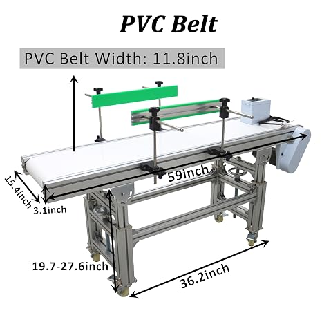 TECHTONGDA PVC Belt Flat Conveyor Belt 59In Length 11.8In Width 27.1-35Inch Height Aluminum Frame Adjustable Guardrails & Speed 13-65ft/min Load 66-88LB for Carton Plastic Bottle Box 110V/120w