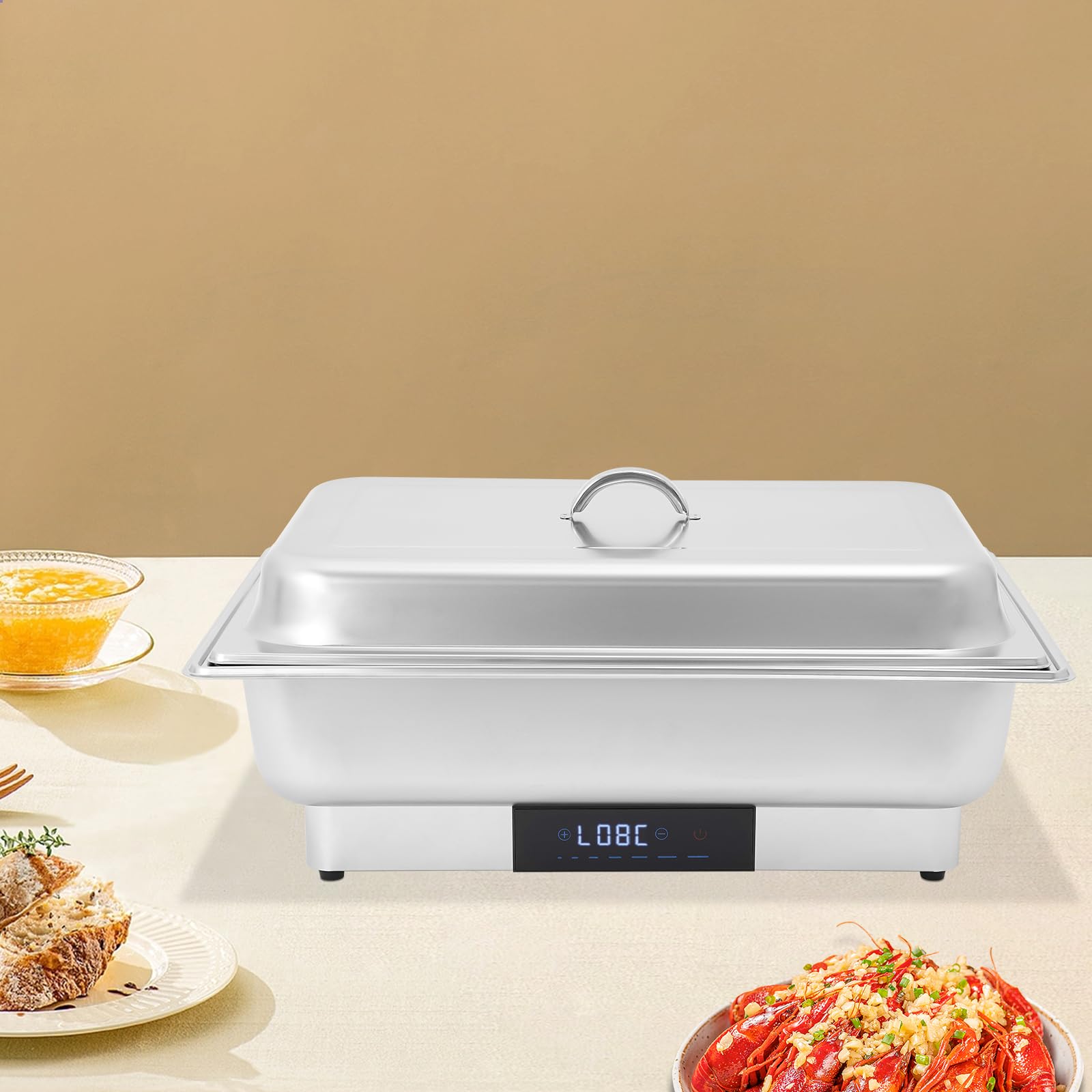 Scaldavivande elettrico da 9 l, in acciaio inox, 600 W, con touchscreen e display digitale, 35-90 °C, scaldavivande per gastronomia, catering e feste, contenitore GN 1/1 e coperchio, argento