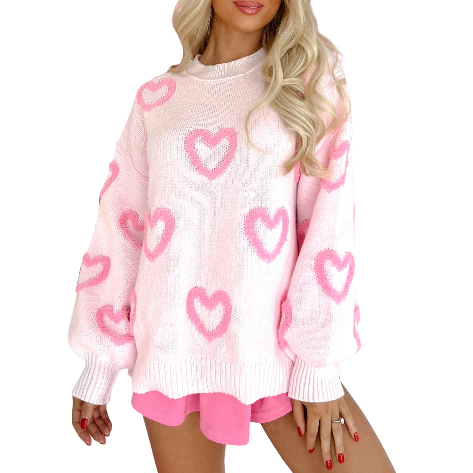 Cute Heart Sweaters for Women Long Sleeve Crew Neck Valentines Love Tops Oversized Knitted Y2k Pullovers
