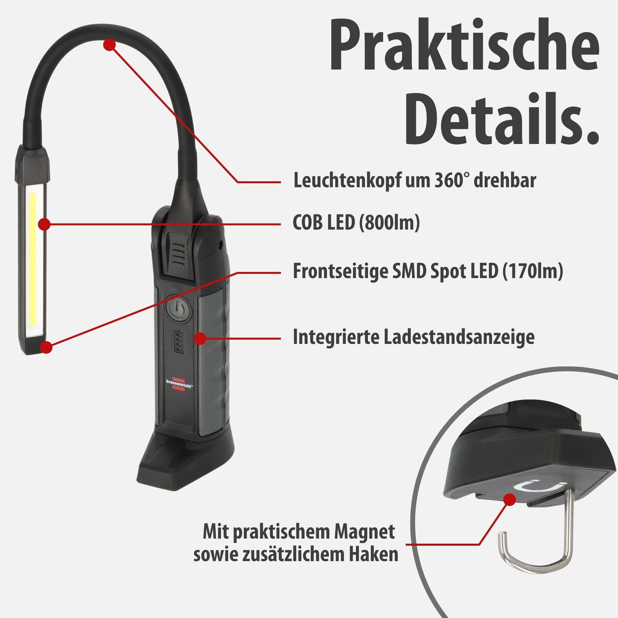 Brennenstuhl Professional Akku LED Handlampe HL 800 ACW (Arbeitsleuchte 800lm mit max. 15h Leuchtdauer, Magnet, tauschbarer Akku, Wireless Charging, inkl. USB C Kabel)