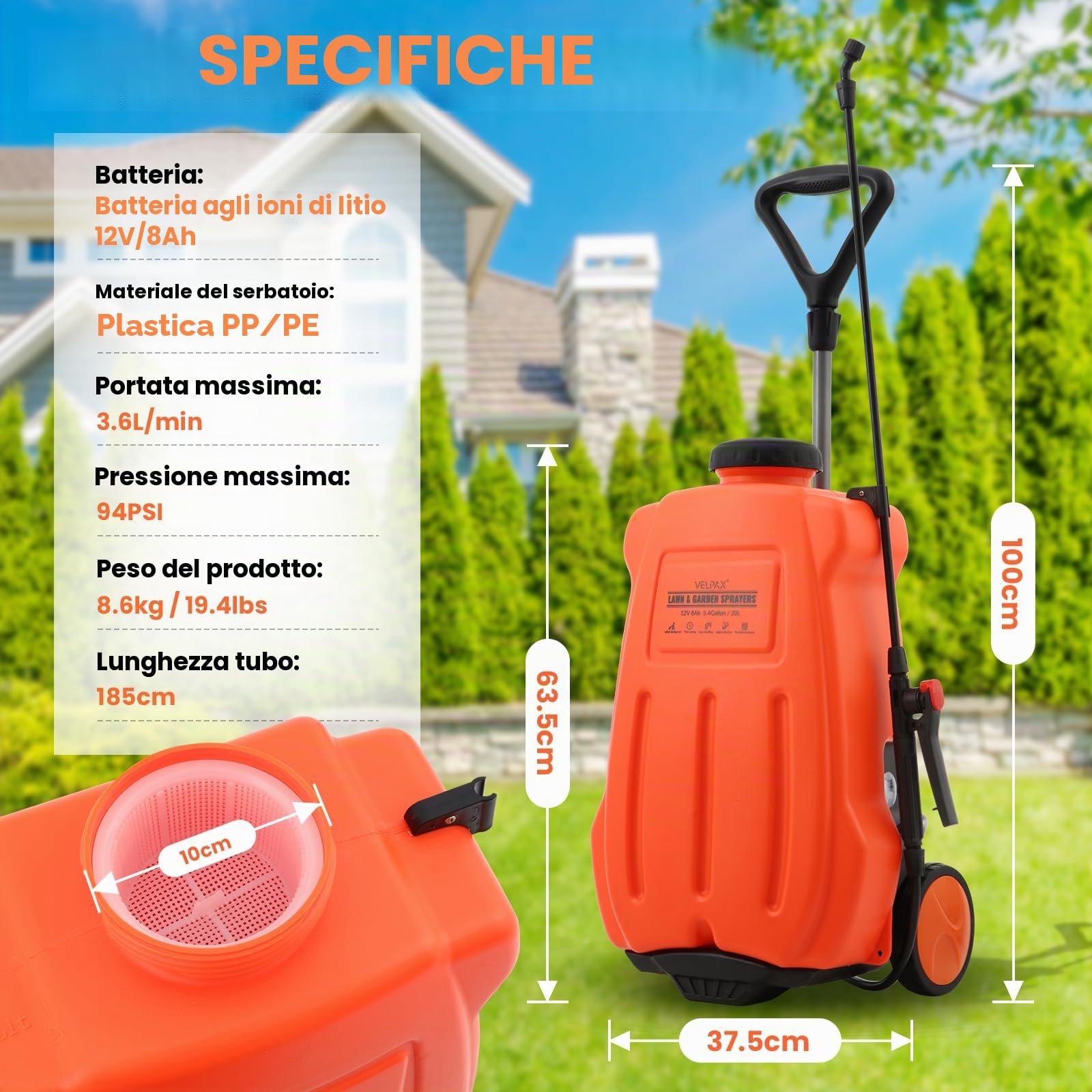 Nebulizzatore a Batteria 20L, carrello con ruote regolabile, 0-65 PSI, Atomizzatore a Spalla con 4 ugelli per diserbo, spruzzatura, pulizia, industria, commercio, medicina, ecc