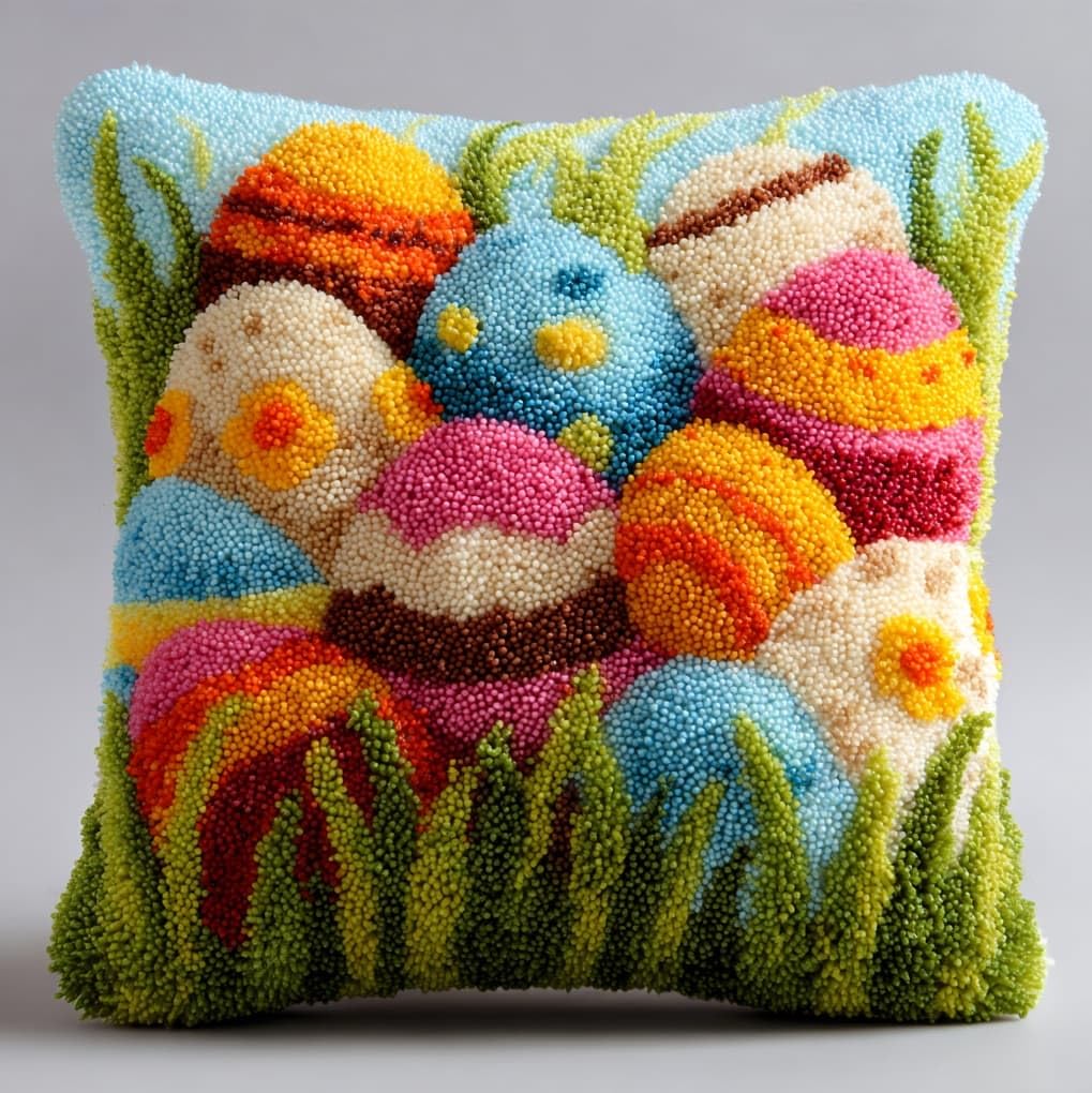 WallustrioaW Latch Hook Kits Pillow,Easter Eggs in the Grass,Printed Canvas Cushion DIY Kit Embroidery Pillowcase Rug Cover Home Sofa Christmas Decoration,17x17in