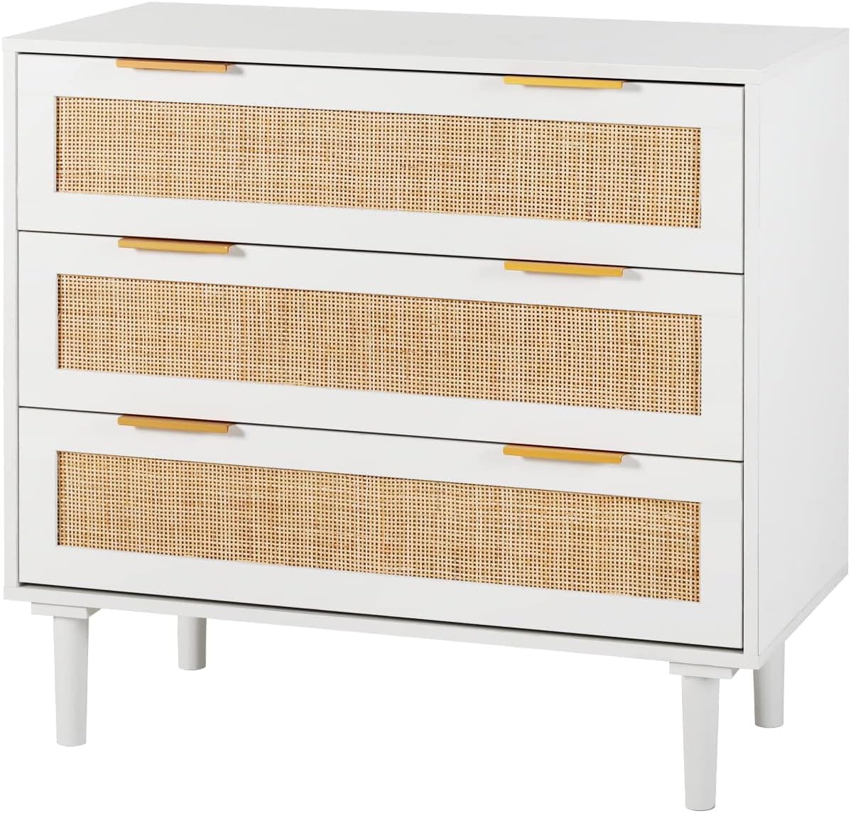 HOPUBUY Large Nightstand with Rattan Drawer, Modern 3 Drawer Night Stand for Bedroom, Wooden Bedside Table for Queen Size and King Size Bed,White