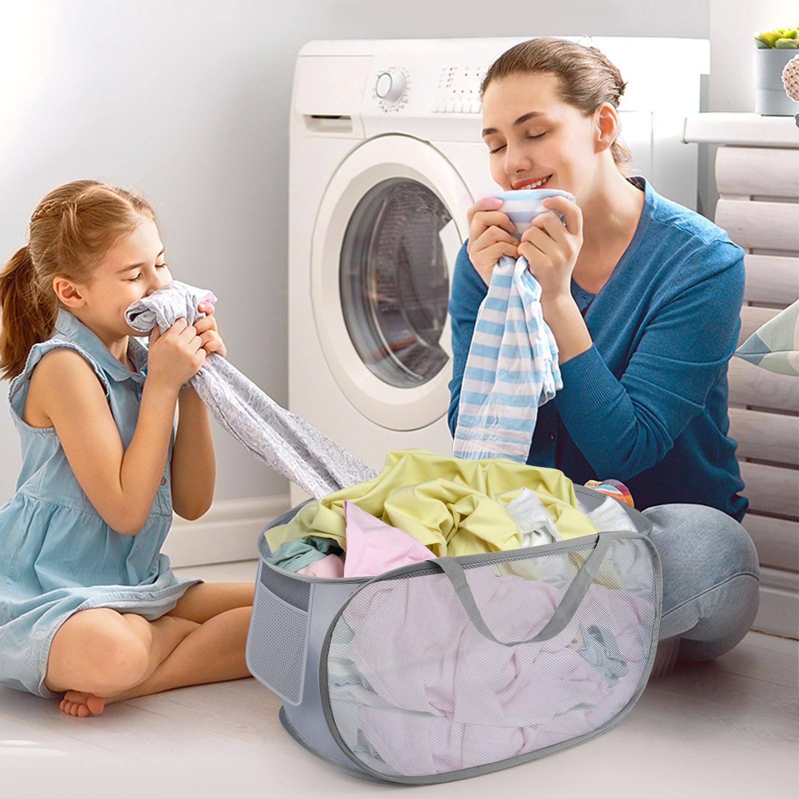 Paquete de 2 cestas de Lavandería Plegables de Malla, Cesta de Llavandería,Cesta Plegable Ropa Sucia con asas de transporte para almacenamiento de ropa y juguetes, lavado plegable