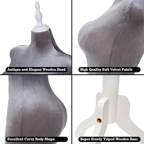 Miniatura 5 de KTMANEQ Torso de maniquí femenino con curvas ajustables con soporte, forma de vestido pinable para ropa (gris, terciopelo)