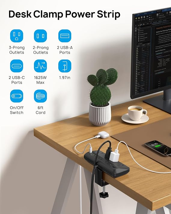 TROND 20W USB C Desk Clamp Power Strip Fit 1.97 Tabletop, ETL List, 6ft