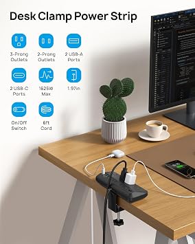 TROND 20W USB C Desk Clamp Power Strip Fit 1.97 Tabletop, ETL List, 6ft