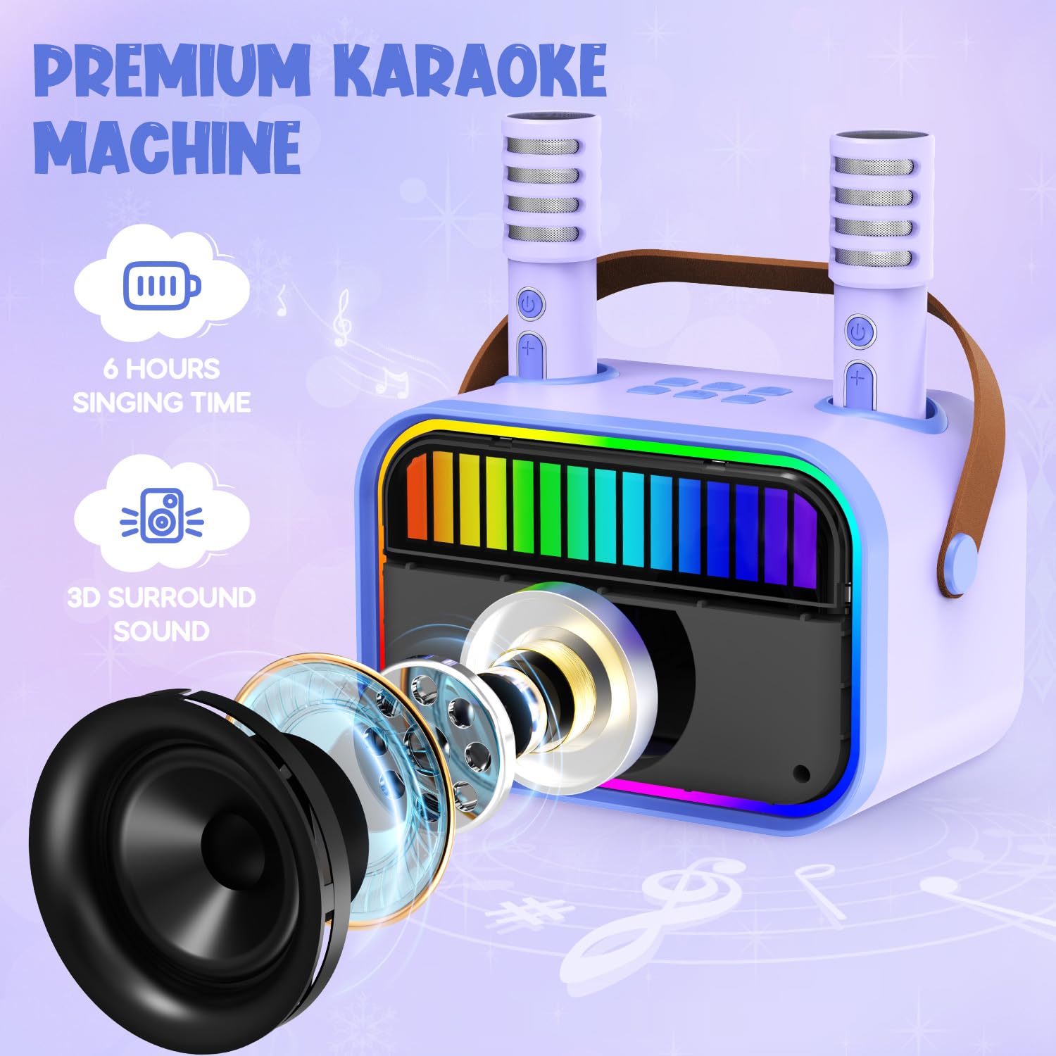 Machine de karaoké pour Enfants et Adultes, Jouets pour Enfants de 3 à 12 Ans, Cadeaux d'anniversaire pour Filles, Enceinte Bluetooth Portable avec 2 Microphones, Cadeau pour Filles (Violet)