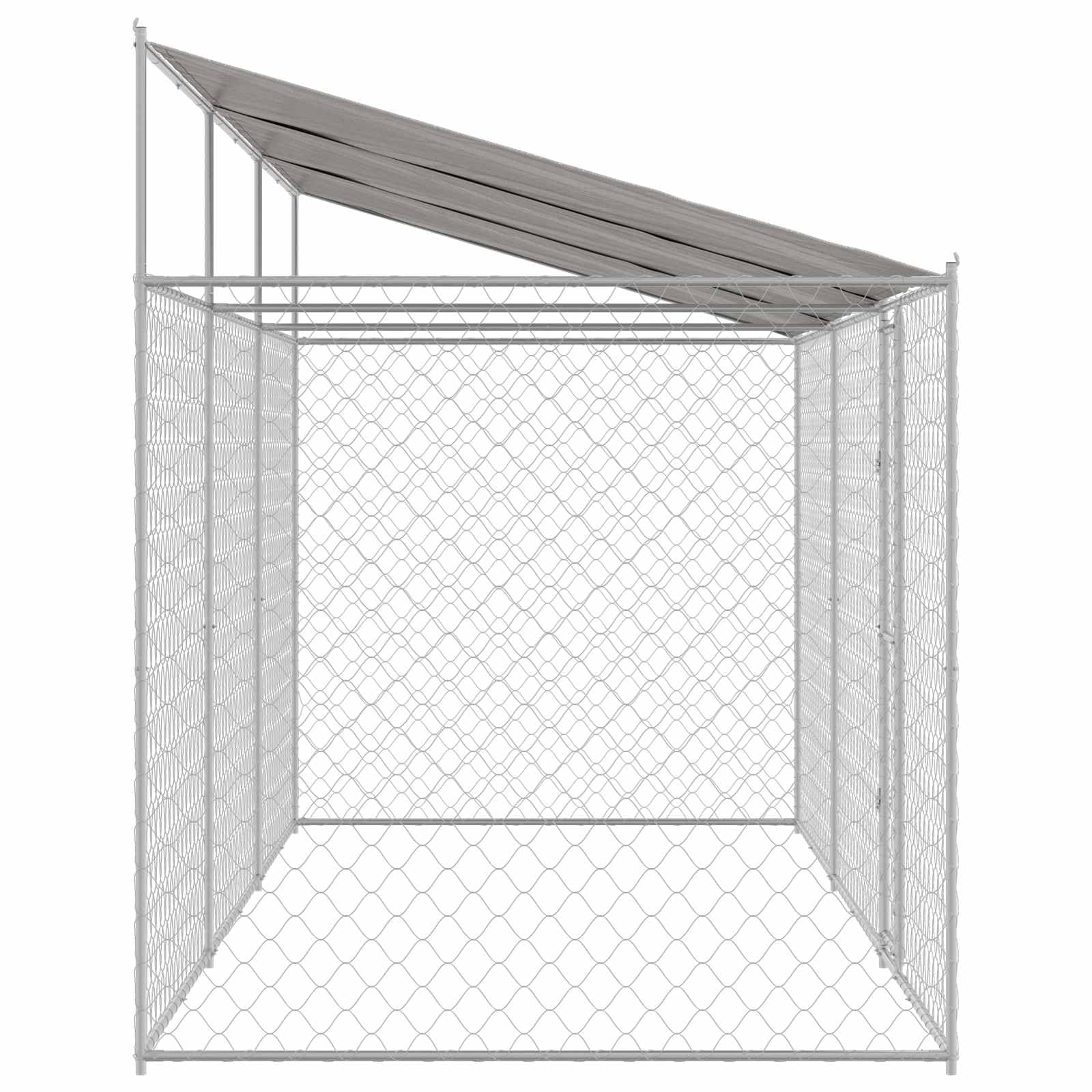 Klatka dla psa z dachem, srebrna, wykonana ze stali i PE 600 x 200 x 256 cm, przestronna karma dla psów z kratką drucianą, zamykane drzwi, stabilny metalowy kojec do ogrodu