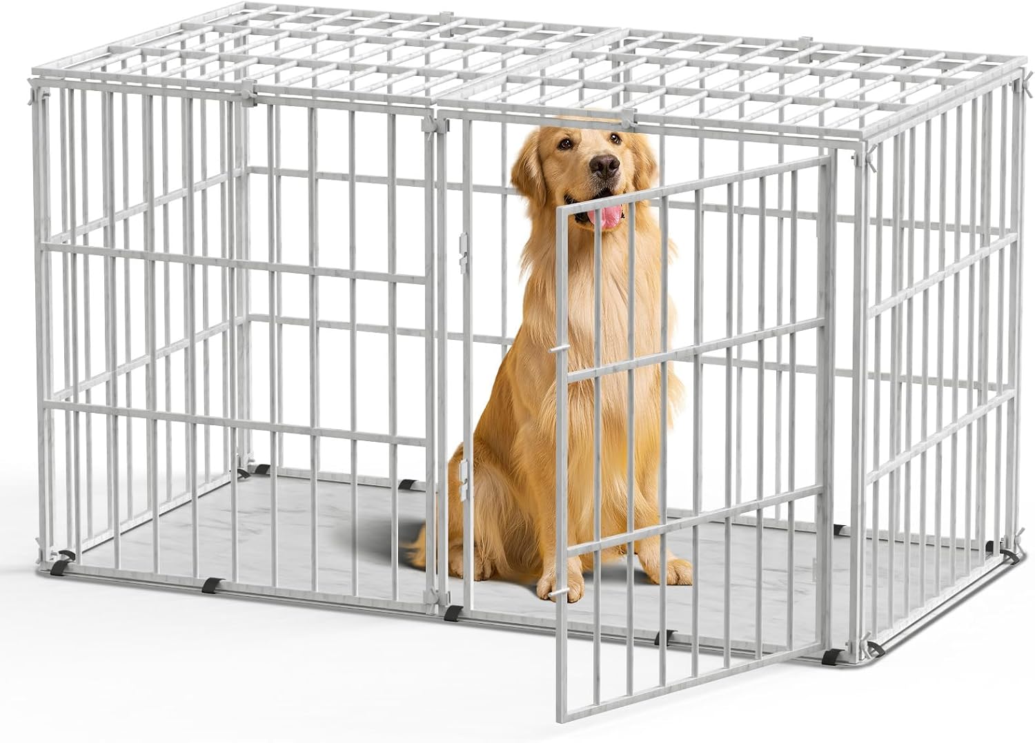 Pawaboo Heavy Duty Hundekiste, Keramik Antischlingnapf Hunde Groß, 46 Zoll unverwüstlich Hundekäfig mit Matte, Metall Hund Laufstall mit sicheren Oben, Hundekäfig Käfig mit Türschloss