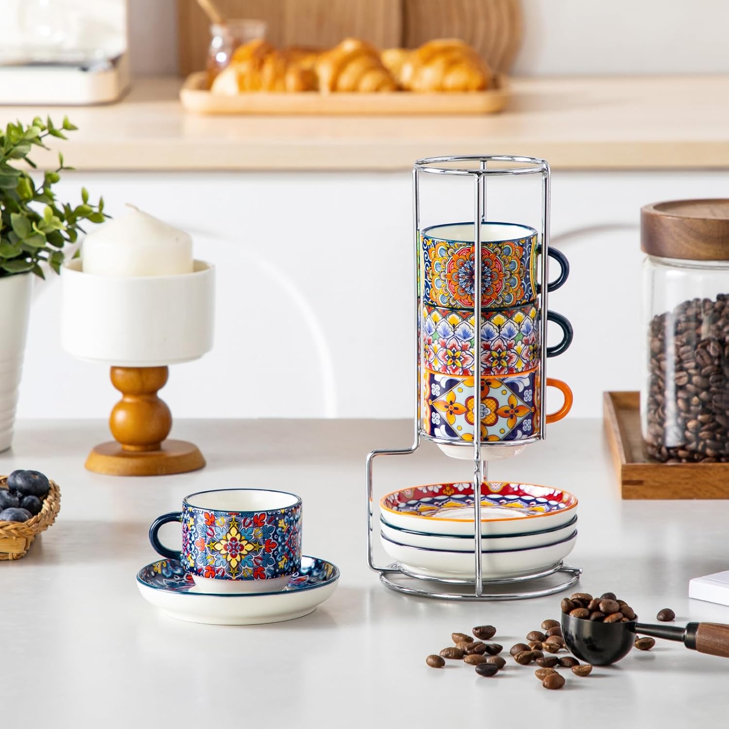 vancasso 2.5 Oz Stackable Espresso Cups with Saucers and Metal Stand Set of 4,Bohemian Ceramic Cappuccino Cups - Microwave and Dishwasher Safe, Perfect For Tea, Espresso, Latte, Cafe-01 - Image 9