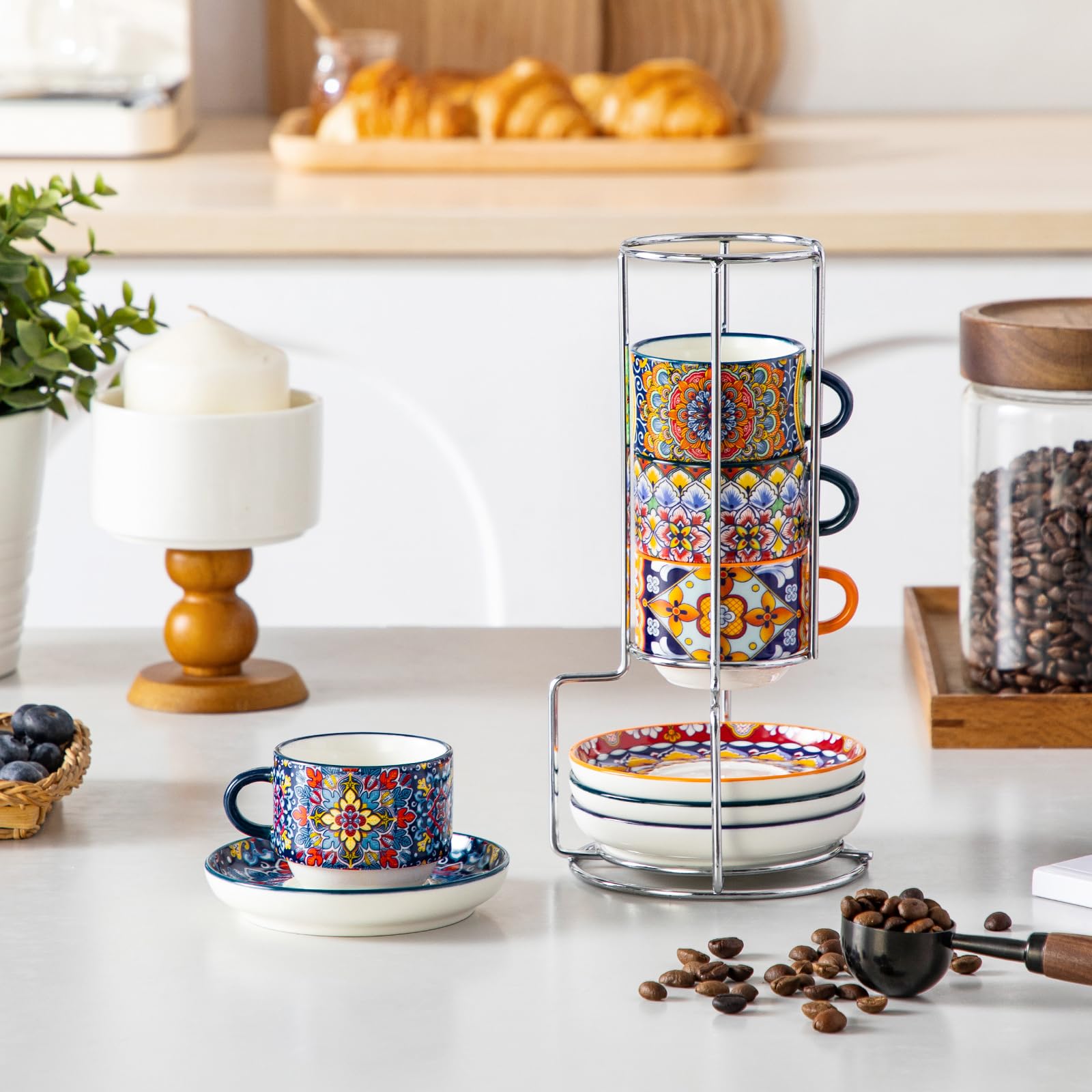 vancasso SIMI Espressotassen 4er Set, 90 ml Espresso Kaffeetassen mit Untertassen & Ständer, Stapelbar Dickwandig Kaffeebecher aus Porzellan für Kaffeegetränke, Cappuccino, Latte, Tee – Elegantes