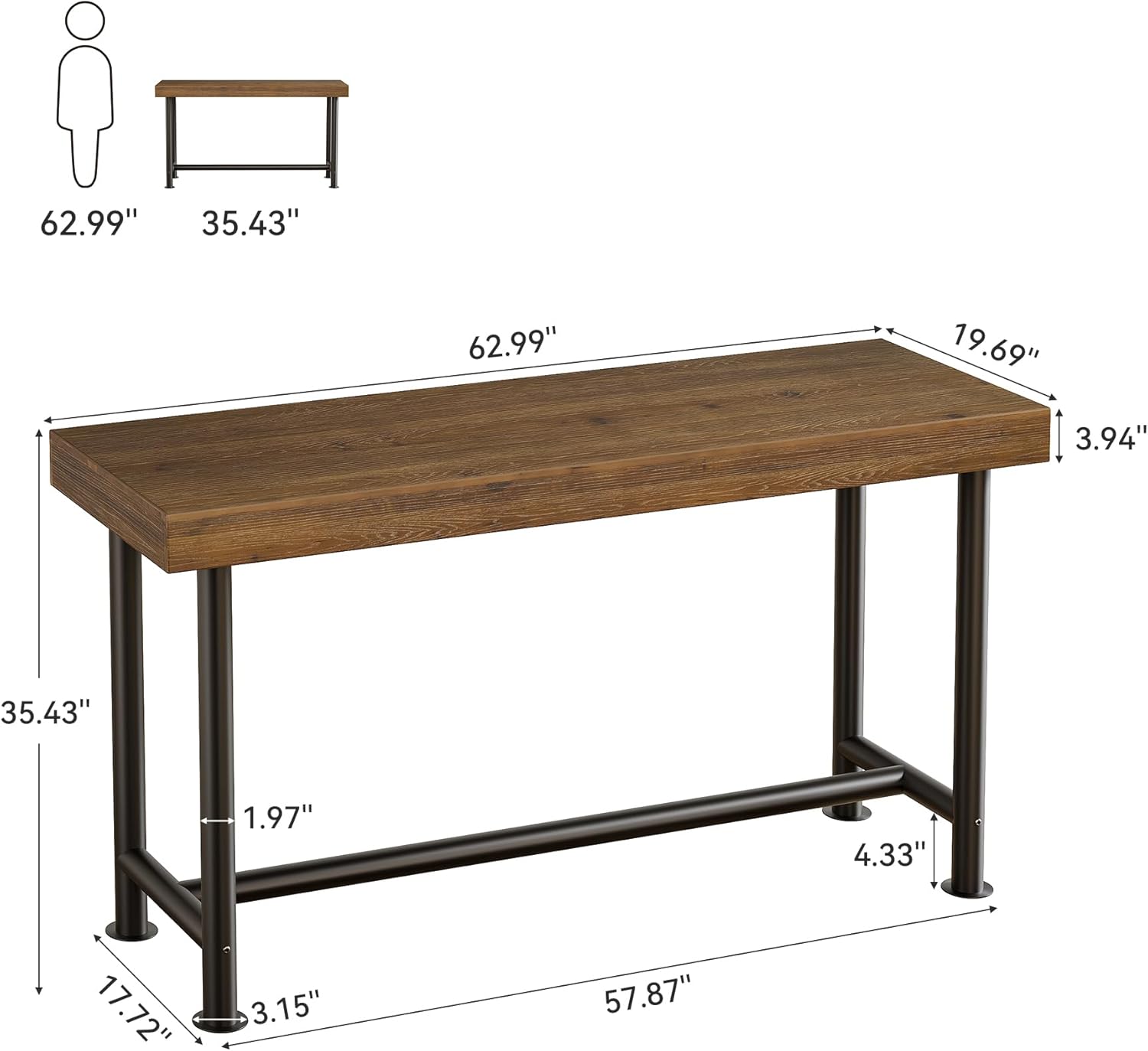 63" Solid Wood Bar Table, Rectangular Counter Height Pub Table, Industrial Long Dining Counter Bar Units with Metal Sturdy Legs for Home Kitchen, Living Room, Bistro, Easy to Assemble (1)