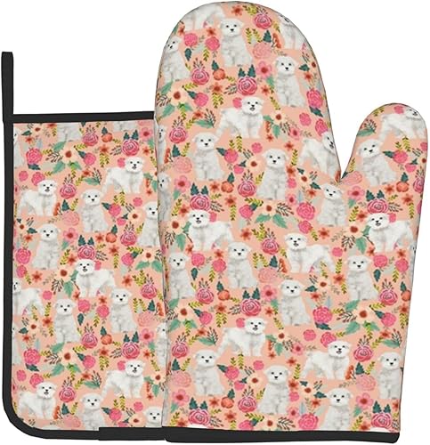 Perros lindos diseño de perro maltés con diseño de flores lindos perros malteses florales manoplas de cocina y agarraderas, guantes de barbacoa,