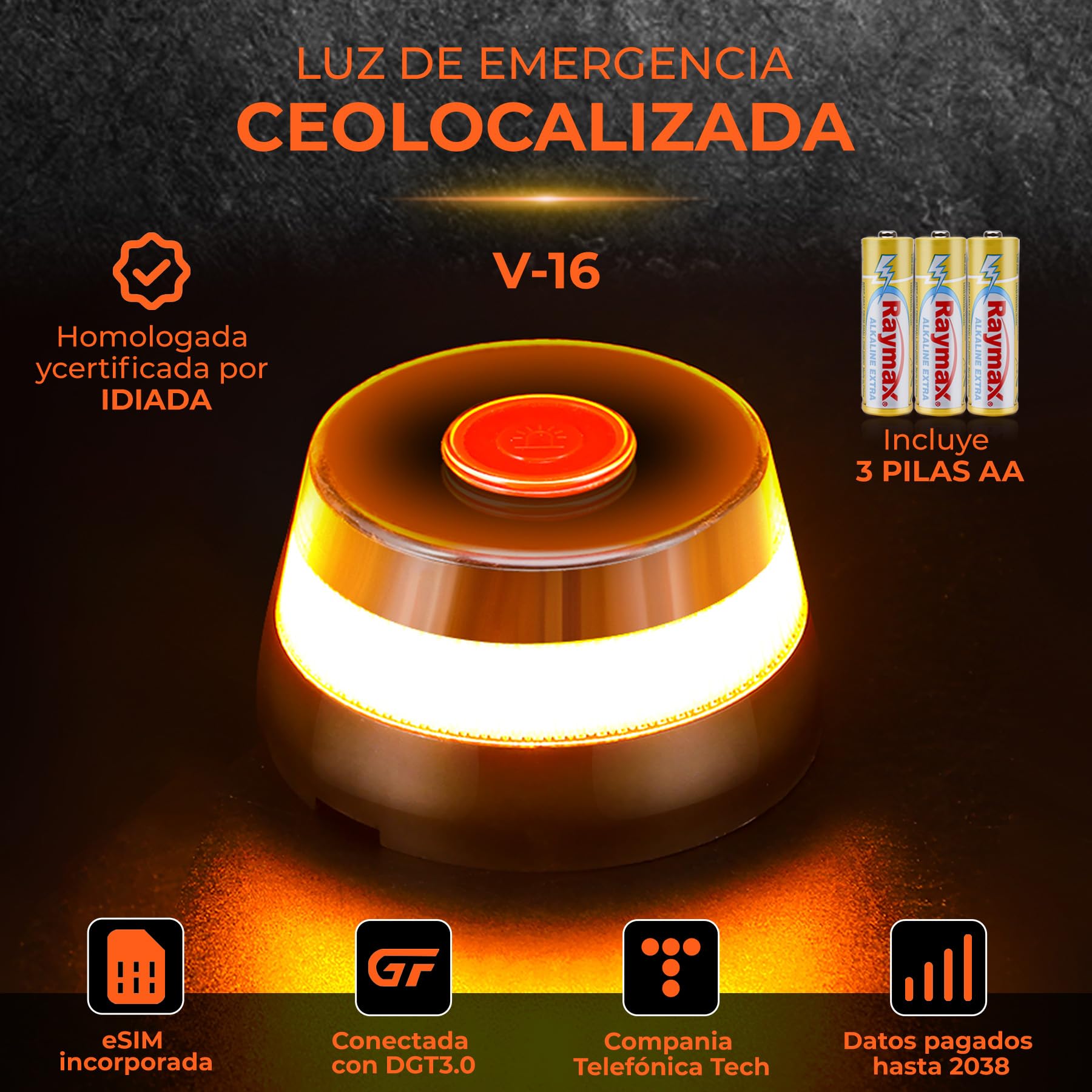 Aourow V16 Connectado Luz Emergencia Coche Homologado DGT,con SIM Telefónica y Datos,Baliza V16 Homologada DGT con Geolocalizador 3.0 + Funda Accesorios Coche,V16 con Geolocalización