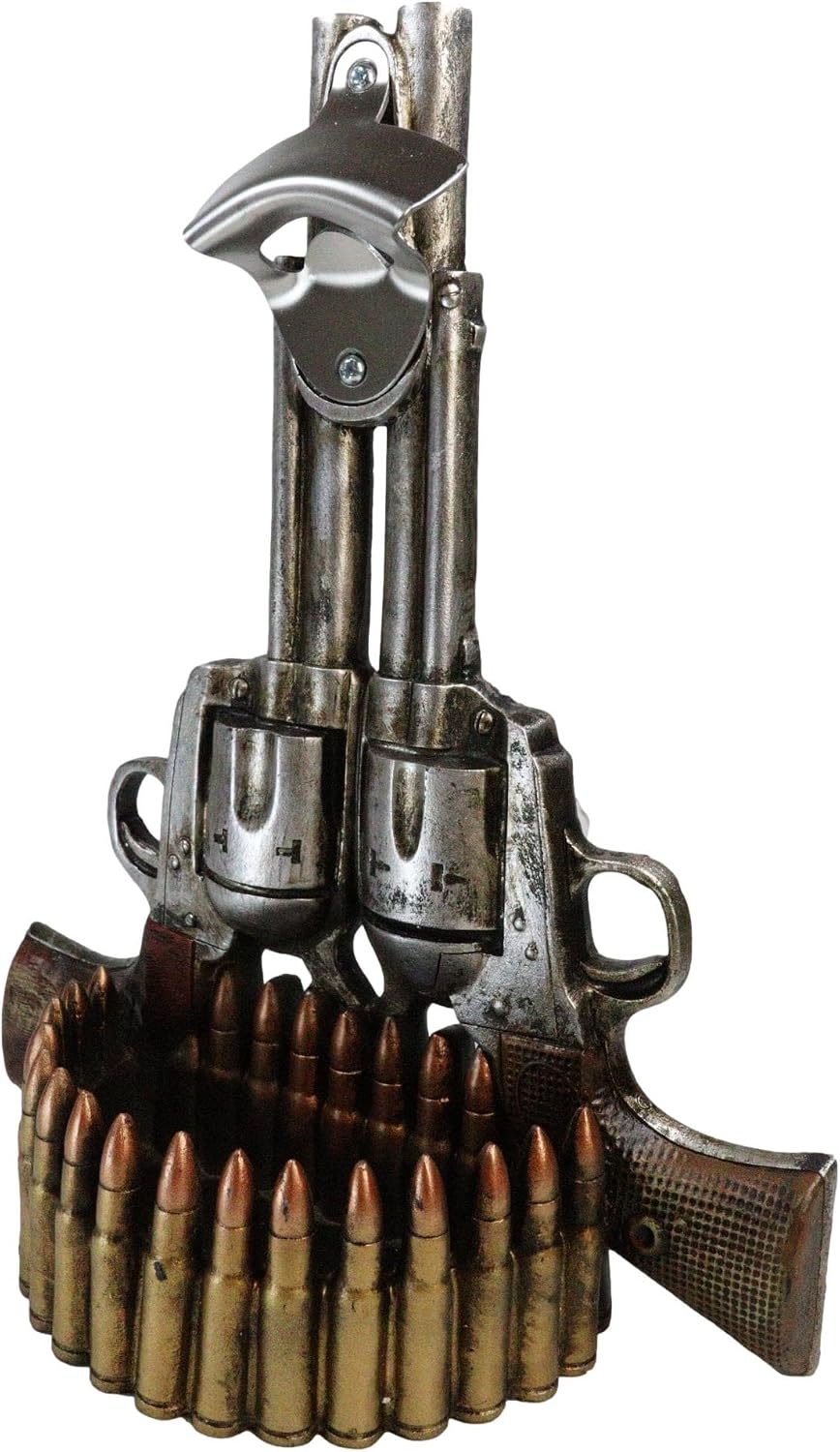 Ebros Gift Rustic Western Cowboy Outlaw Dual Revolver Pistols Guns Wall Mounted Bottle Cap Opener With Bullet Shells Casings Catcher Basin Wild West Country Themed Decorative Accent