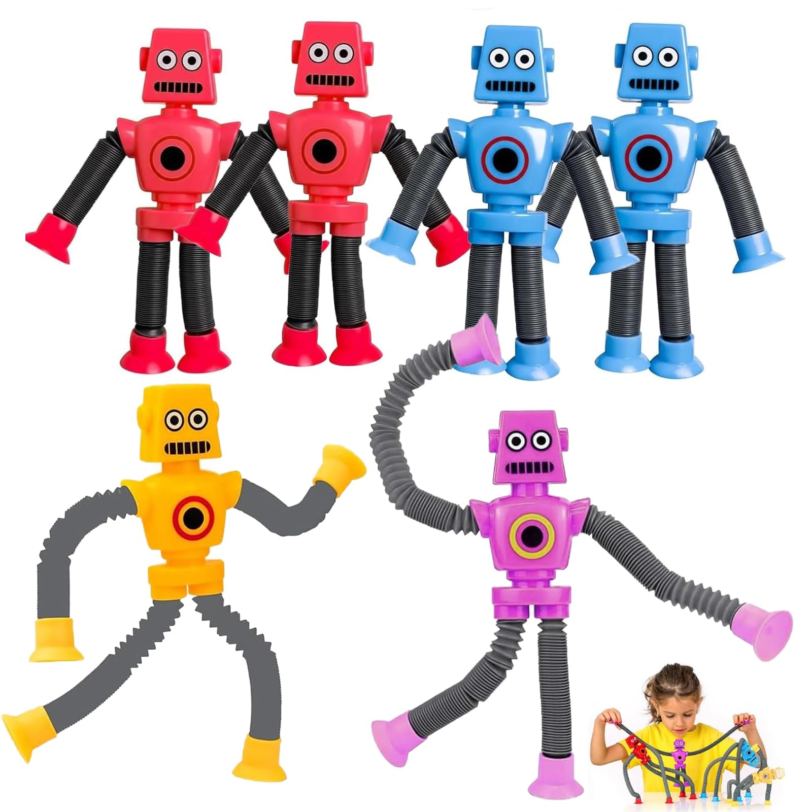 Stretchy Robot Fidget Toys 6 Pack – Telescopic Pop Tubes with Suction Cups, Sensory Toys for Kids & Adults, Telescopic Fidget Tubes, Sensory Toy Pack for Travel & Classroom Fun