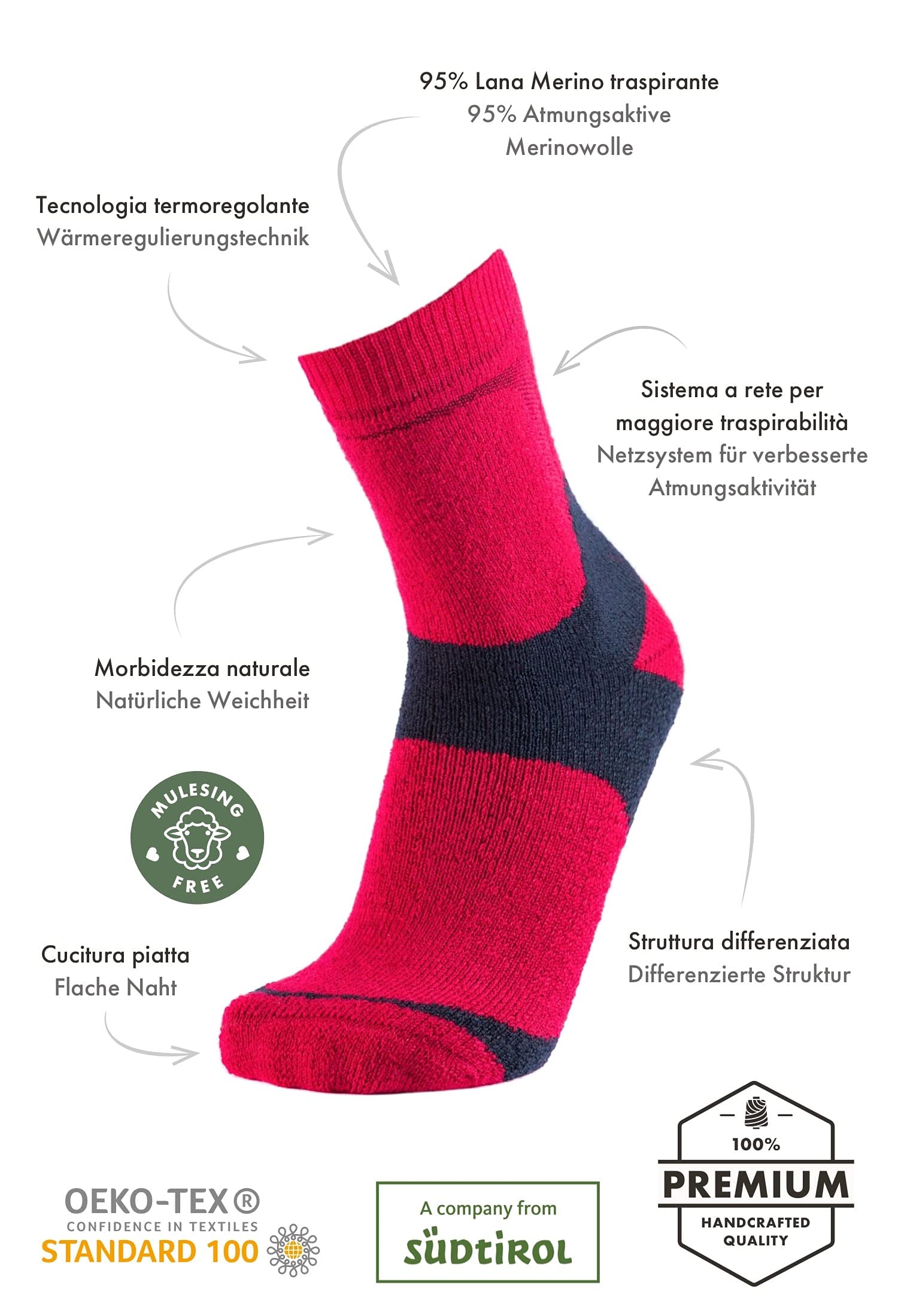 Wandersocken Pure Merino, rot, 36-38, 2 Paar
