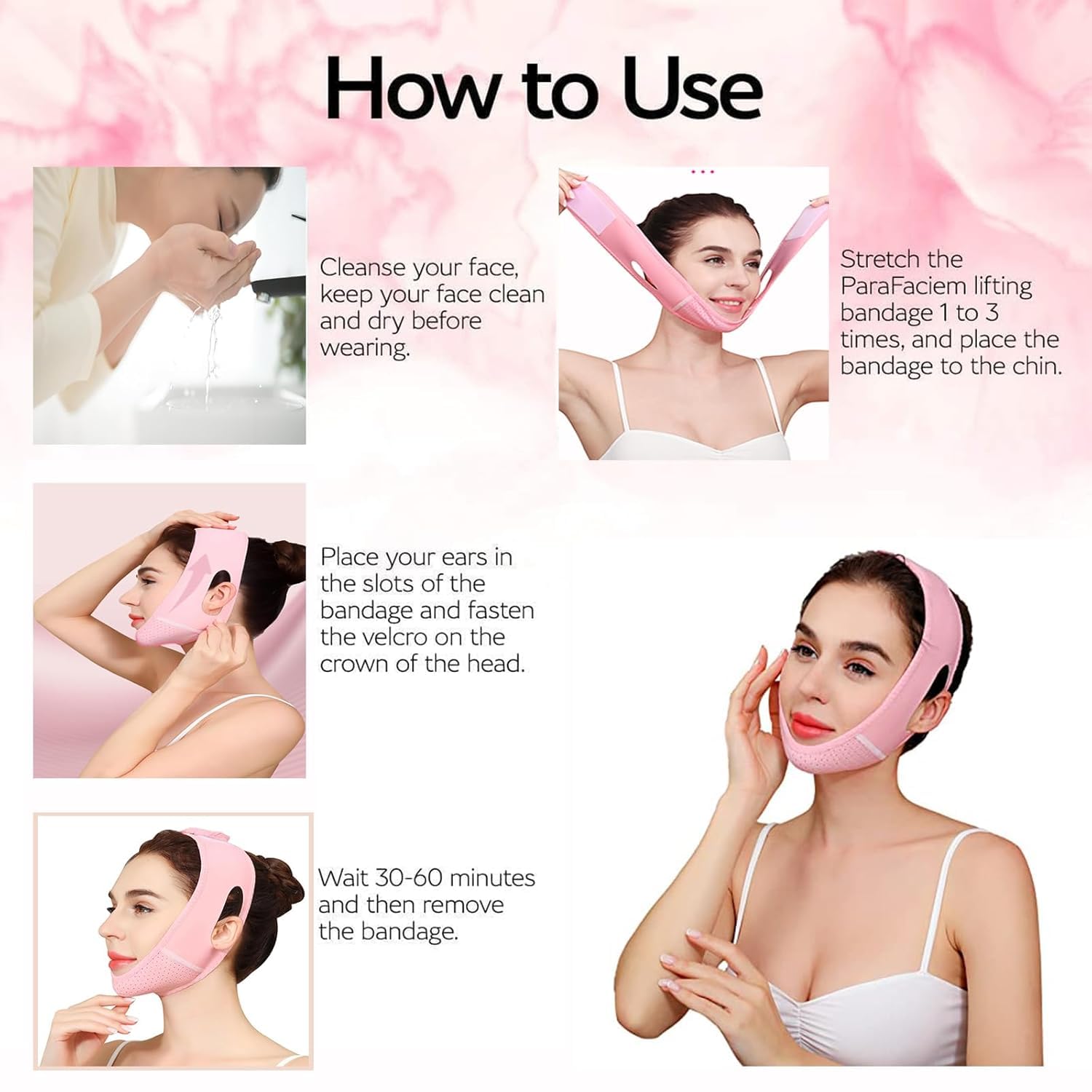 Máscara Lifting Facial Reutilizable, MáScaras Faciales En V, Papada Reductor Mujer, Para Papada Y Piel Facial FláCida, Ajustable, Rosa claro
