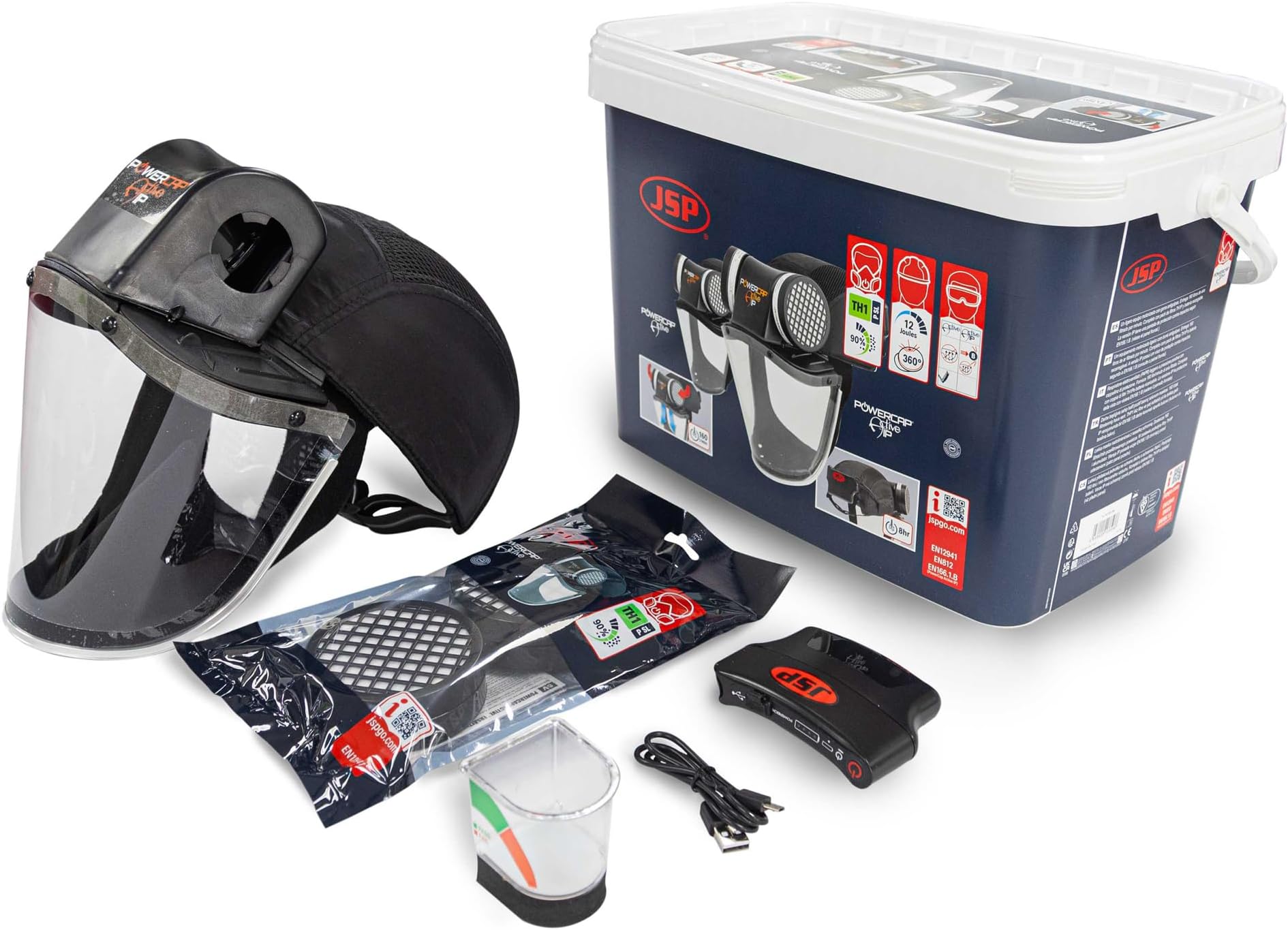 JSP POWERCAP ACTIVE IP Powered Air Respirator PAPR - Filters & Impact Visor - 8hr Battery & USB Charging - Bump Cap - Dust, Airborne Particles - Woodworking, Agriculture, DIY - EN12941 & EN812 & EN166