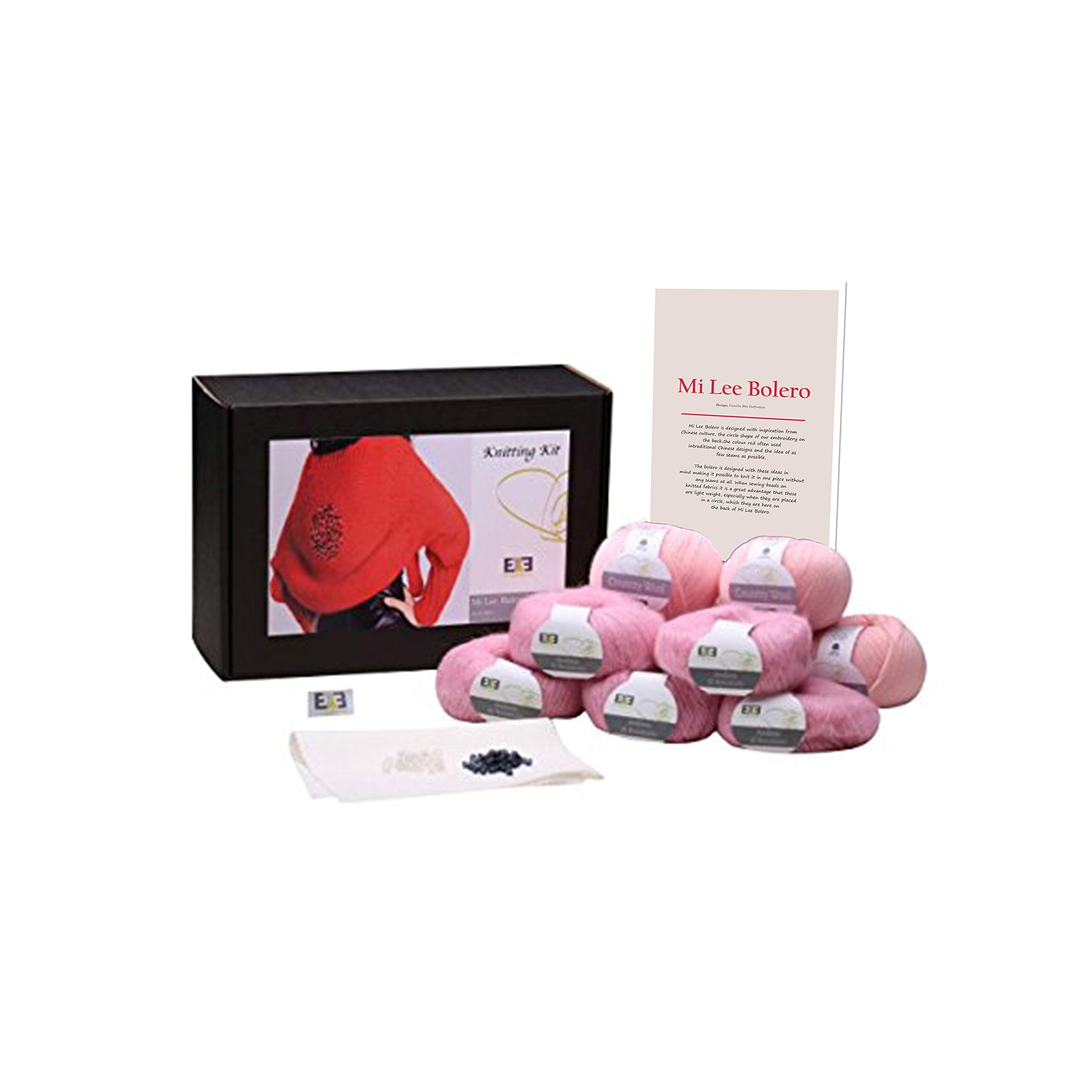 DesignEtte Kit Mi Lee Bolero 100 Percent Pure Wool Superkid Mohair And Silk Pink Knitting Level 2 Includes yarn, a pattern leaflet, Swarovski beads, a piece of linen, XS/S
