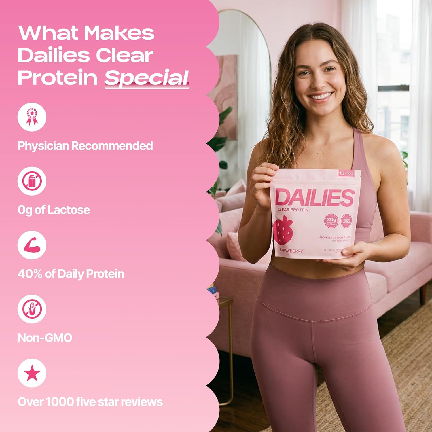 DAILIES Clear Protein Powder, Sugar Free Flavor, 20g Whey Isolate & 100 Calories per Serving, Light & Refreshing Protein Shake Drink Mix for Pre or Post Workout, 15 On the Go Stick Packs (Strawberry)