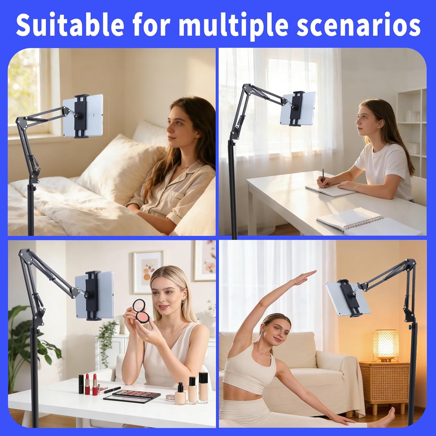 Tablet Floor Stand 360 Rotating - Adjustable Height 32.5-55 Inch Universal Phone Holder for iPad iPhone Galaxy 4.7-12.9 Inch | Hands-Free Use for Bedside Kitchen Office, Sturdy Carbon Steel Base