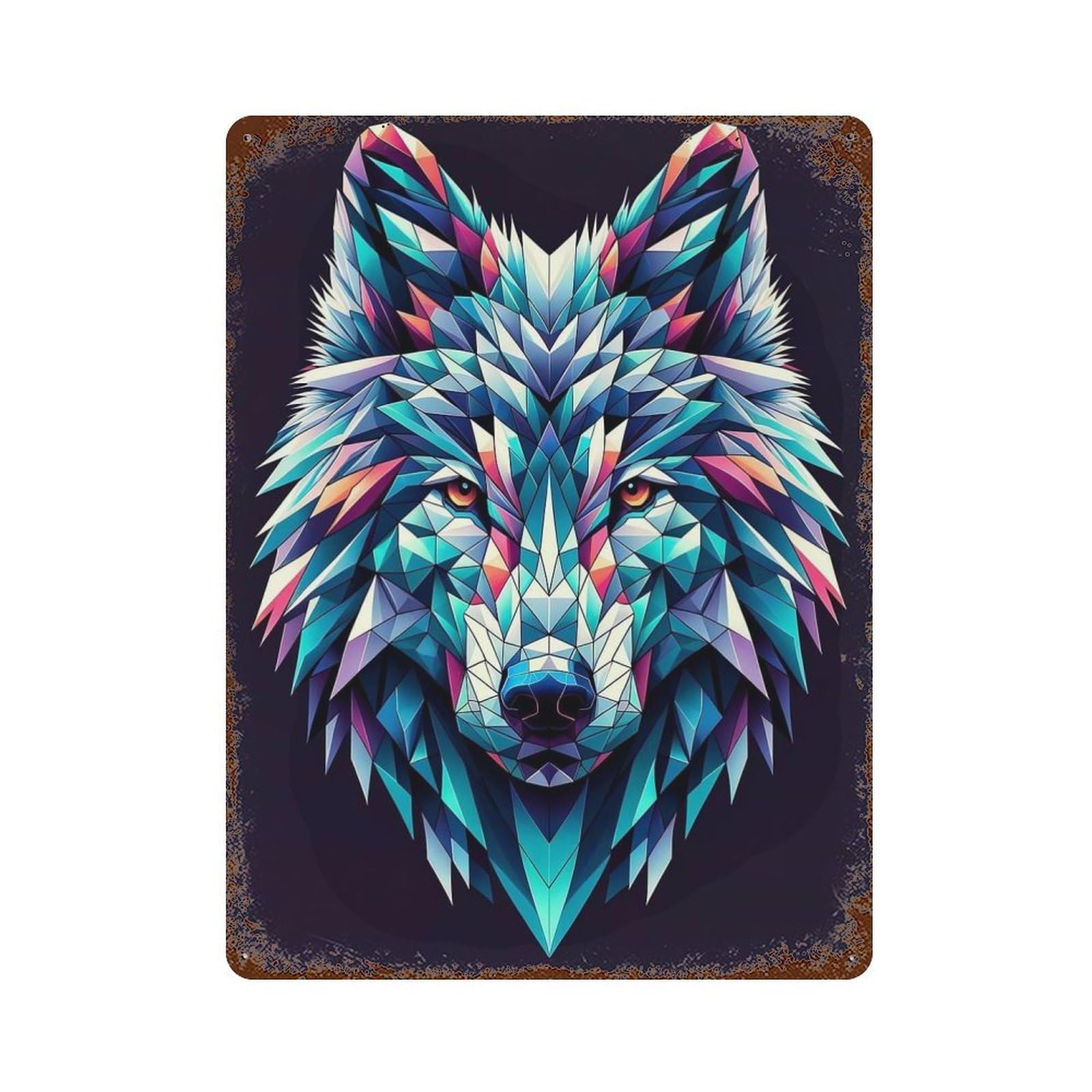 Garage Style Geometric Wolf Rusty Metal Tin Sign 15.7"x11.8", Shabby Chic Decor for Bar And Workshop