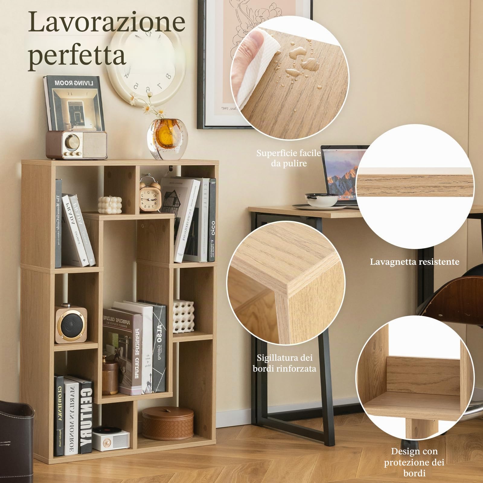 HOMASIS Libreria da Parete con 7 Cubi, Libreria Divisoria Ambiente con Protezione Antiribaltamento, Scaffale Geometrico Decorativa per Soggiorno, Studio, 60 x 20 x 90 cm (Naturale)