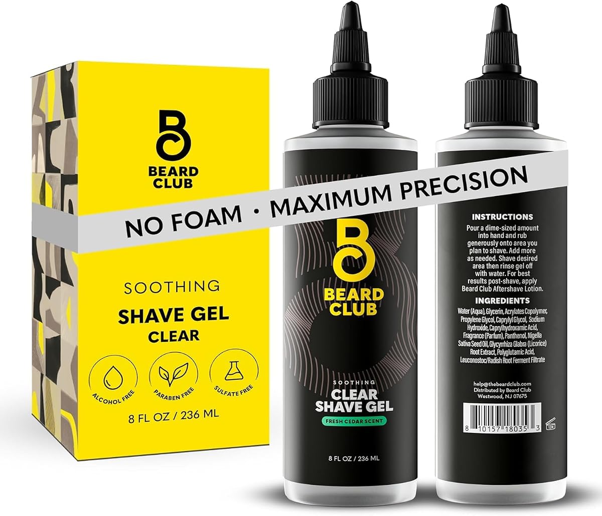 Beard Club Premium Shaving Gel for Men – Hydrating Mens Shave Cream for Sensitive Skin – Cedar Scent Precise Line Ups & Smooth Shaving – Clear Shave Gel for Men – Cooling Sensation – Sativa Seed 8oz